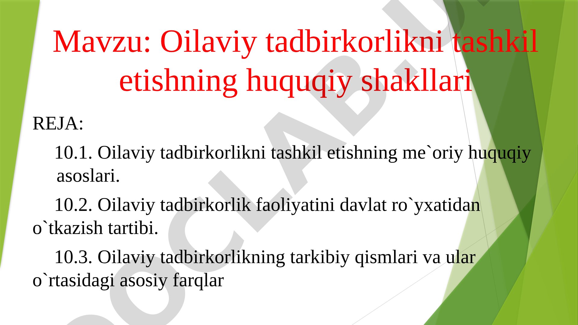 Oilaviy tadbirkorlikni tashkil etishning huquqiy shakllari