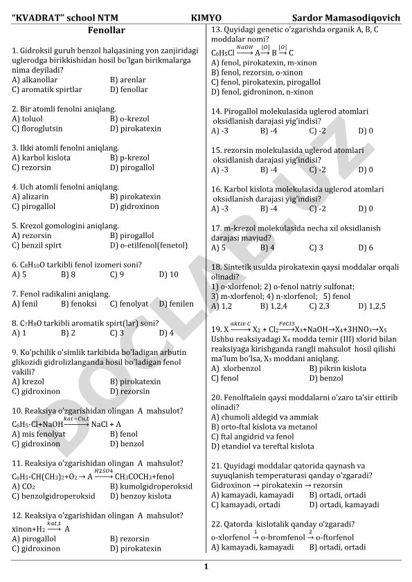 Fenollar va aromatik spirtlar kimyo test savollari