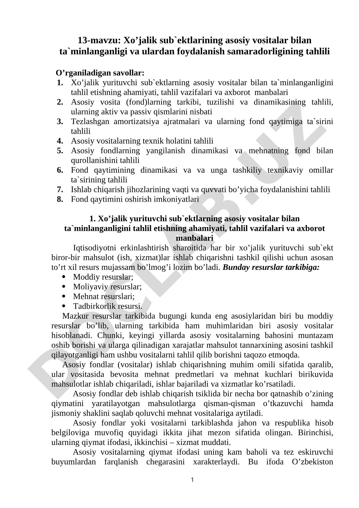 Xo'jalik sub'ektlarining asosiy vositalar bilan ta'minlanganligi va ulardan foydalanish samaradorligining tahlili