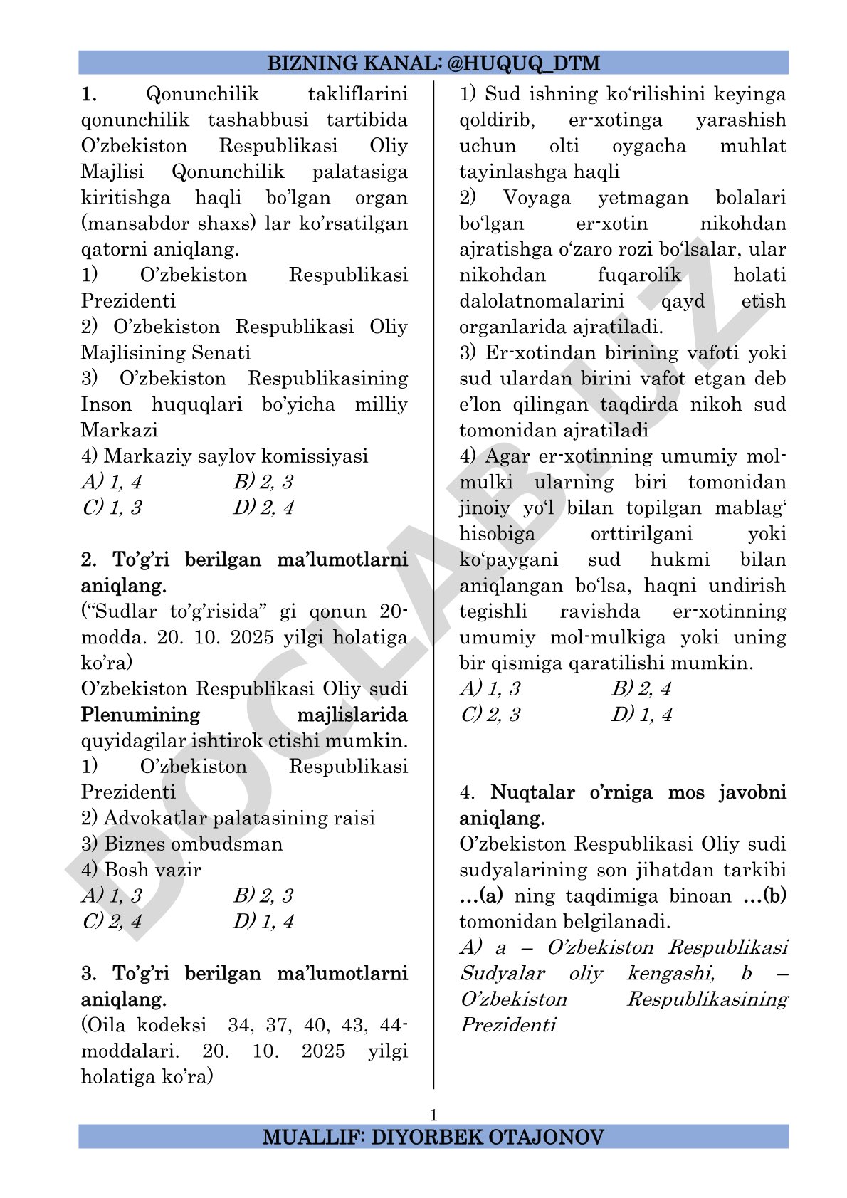 Qonunchilik takliflari va sudlar to'g'risidagi test savollari