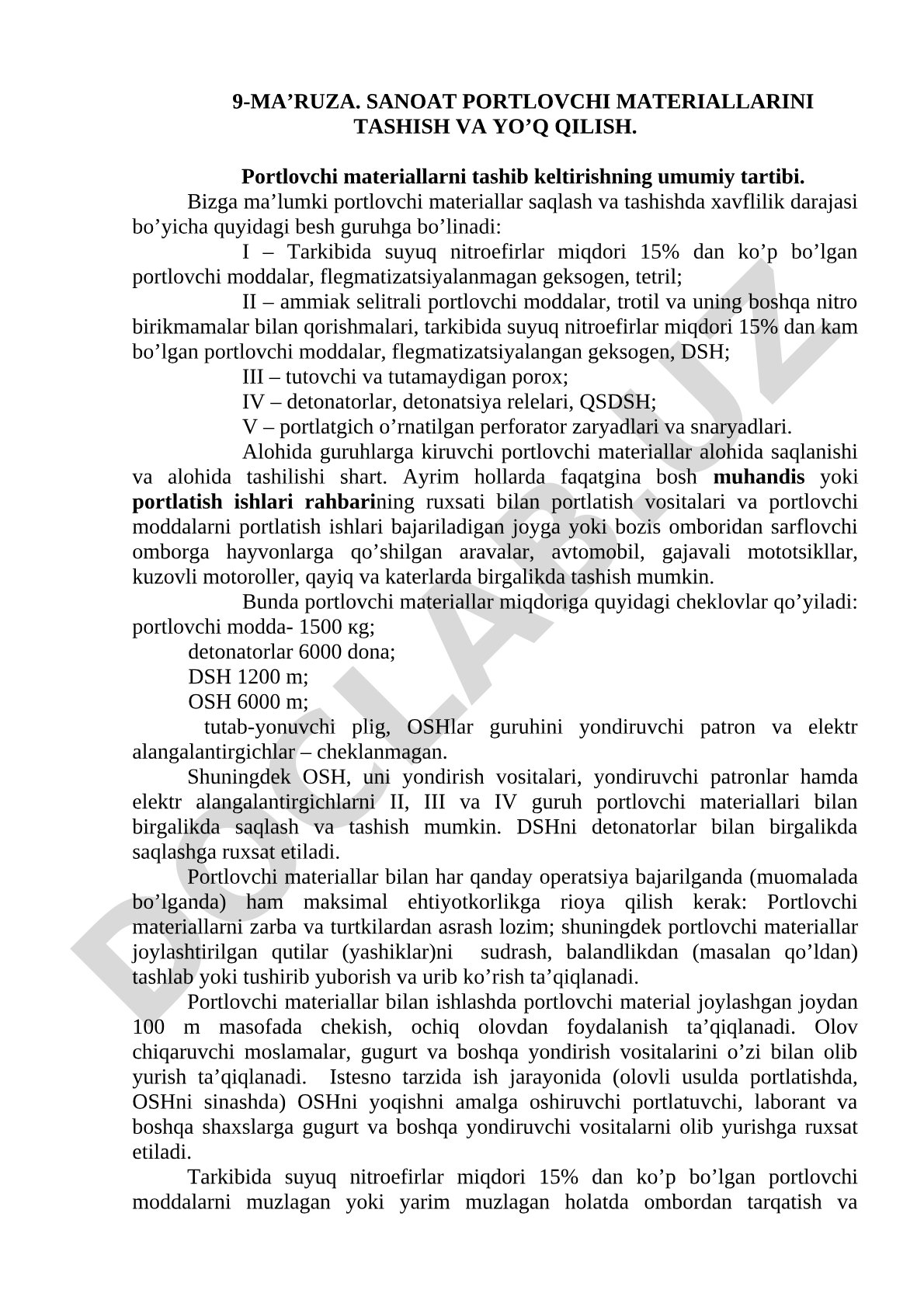 Sanoat portlovchi materiallarini tashish va yo’q qilish