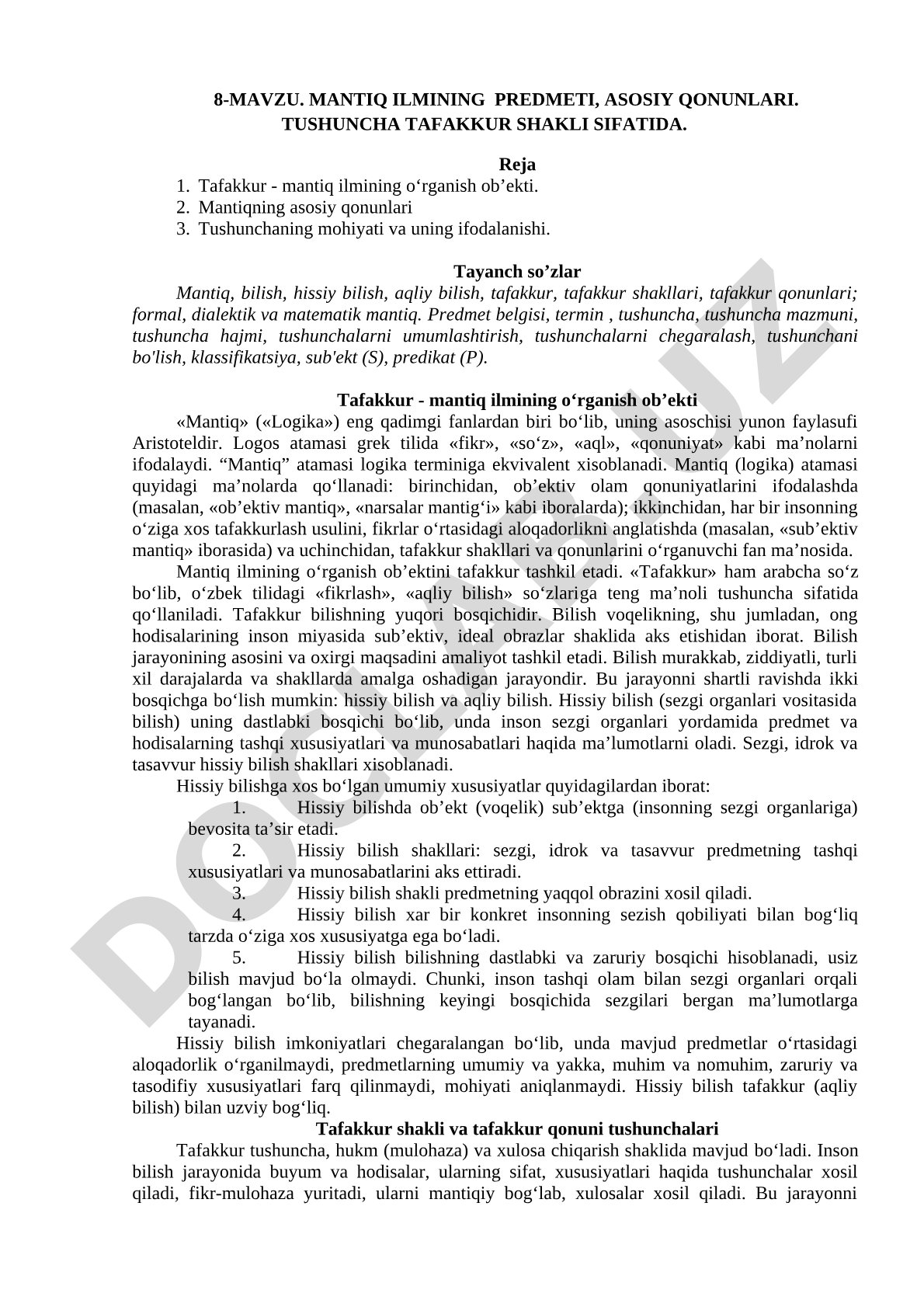 Mantiq ilmining predmeti, asosiy qonunlari. Tushuncha tafakkur shakli sifatida