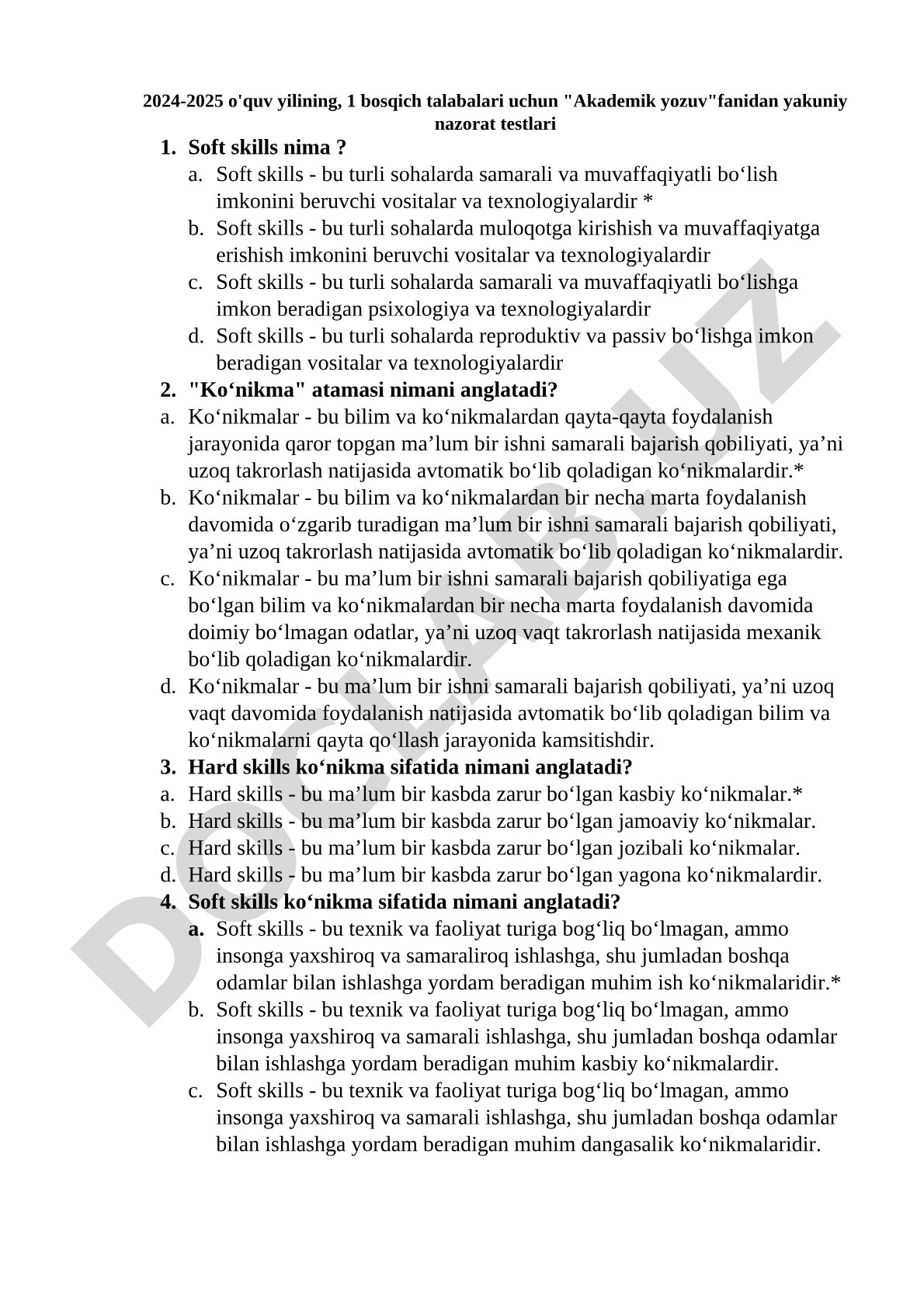 Akademik yozuv fanidan yakuniy nazorat testlari