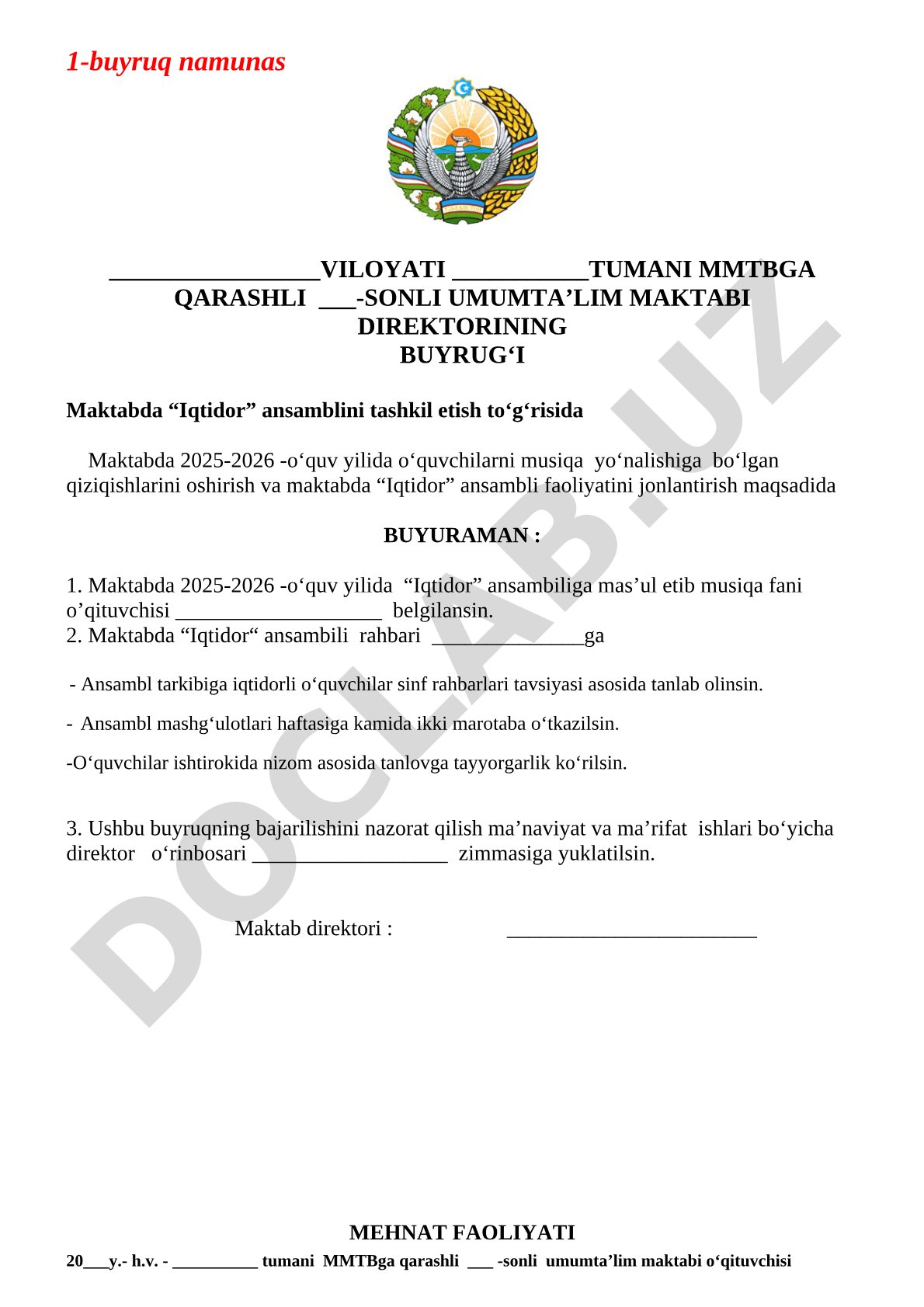 Maktabda “Iqtidor” ansamblini tashkil etish to‘g‘risida