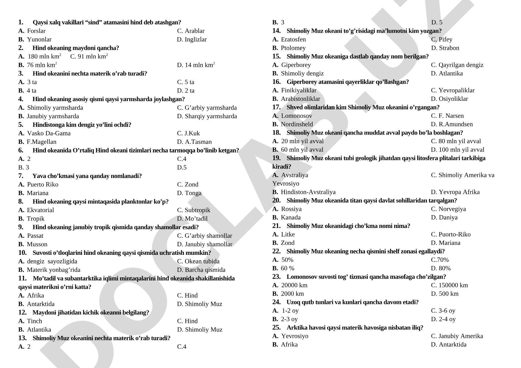 Hind okeani geografiyasi testi