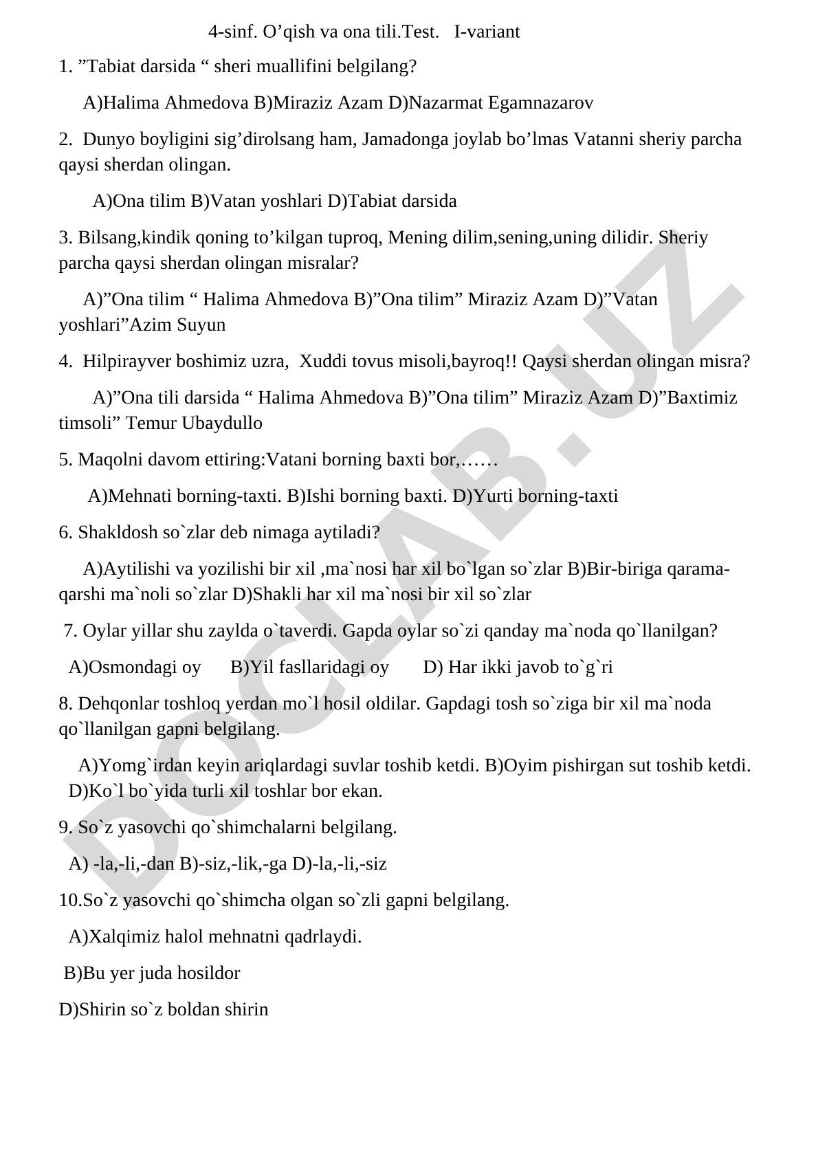 4-sinf O’qish va ona tili test I-variant
