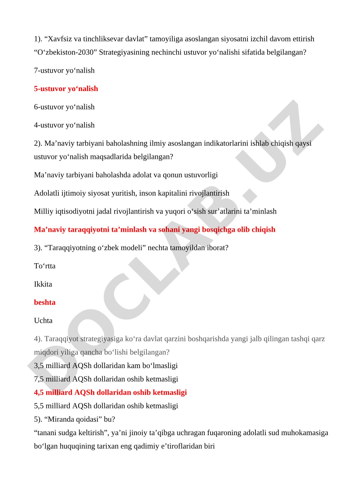 O‘zbekiston-2030 strategiyasi bo‘yicha test savollari