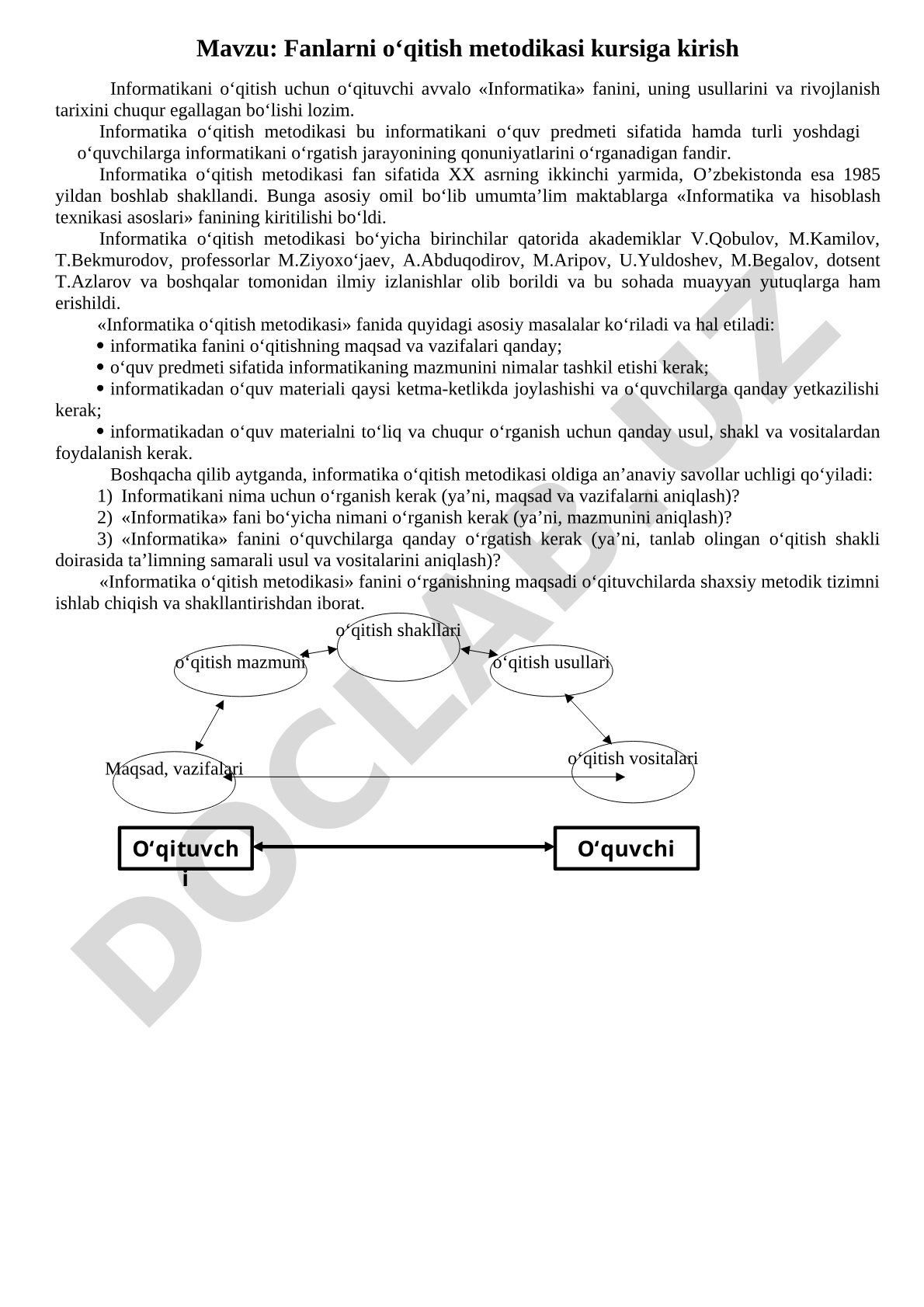 Fanlarni o‘qitish metodikasi kursiga kirish