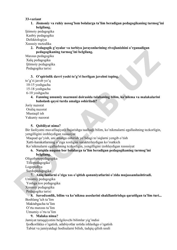 Pedagogika fanidan test savollari va javoblari