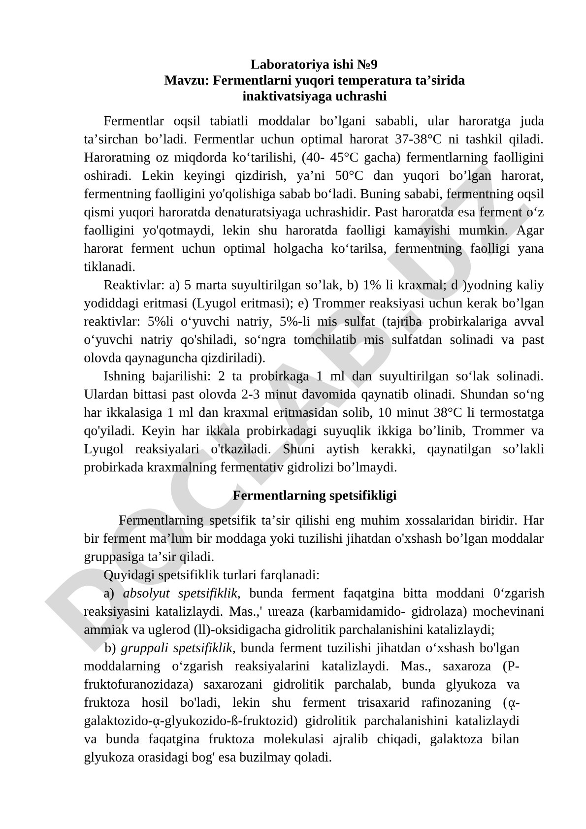 Fermentlarni yuqori temperatura ta'sirida inaktivatsiyaga uchrashi