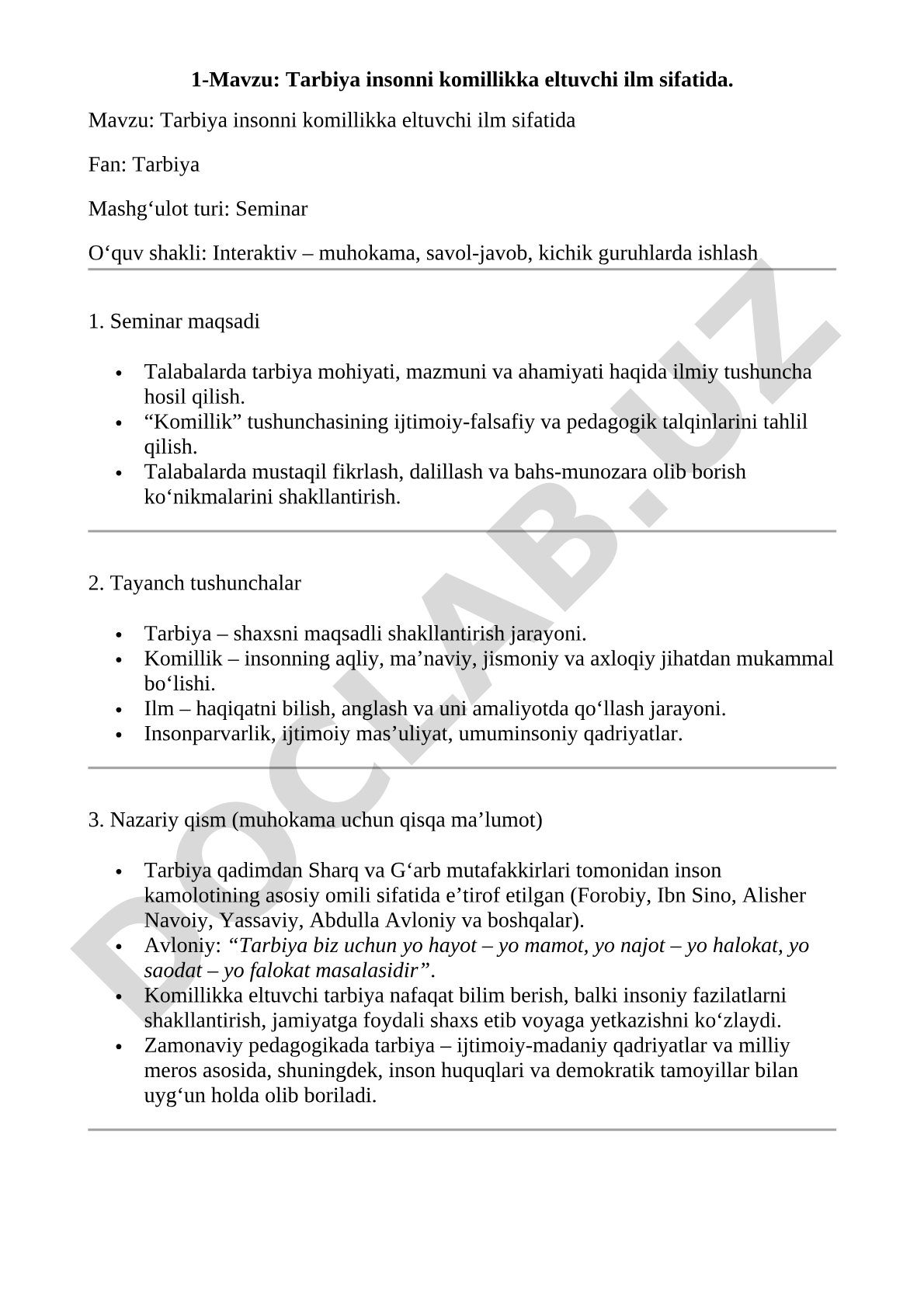 Tarbiya insonni komillikka eltuvchi ilm sifatida