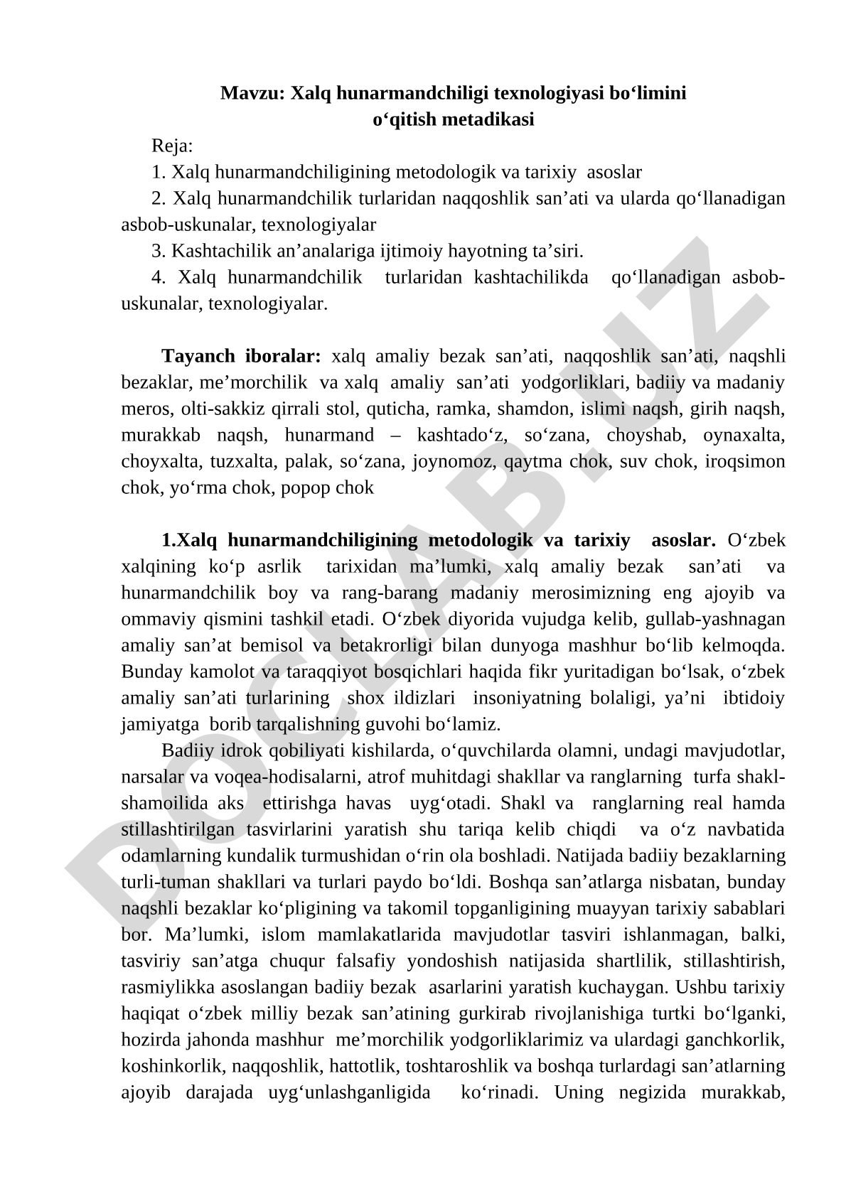 Xalq hunarmandchiligi texnologiyasi bo'limini o'qitish metodikasi