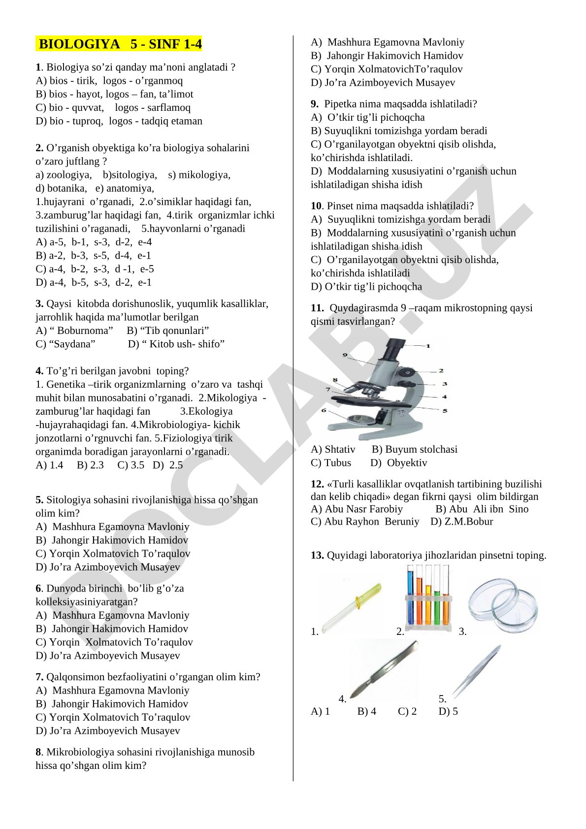 Biologiya 5-sinf test savollari
