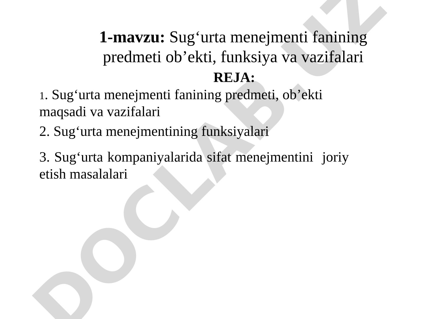 Sug'urta menejmenti fanining predmeti, ob'ekti, funksiya va vazifalari