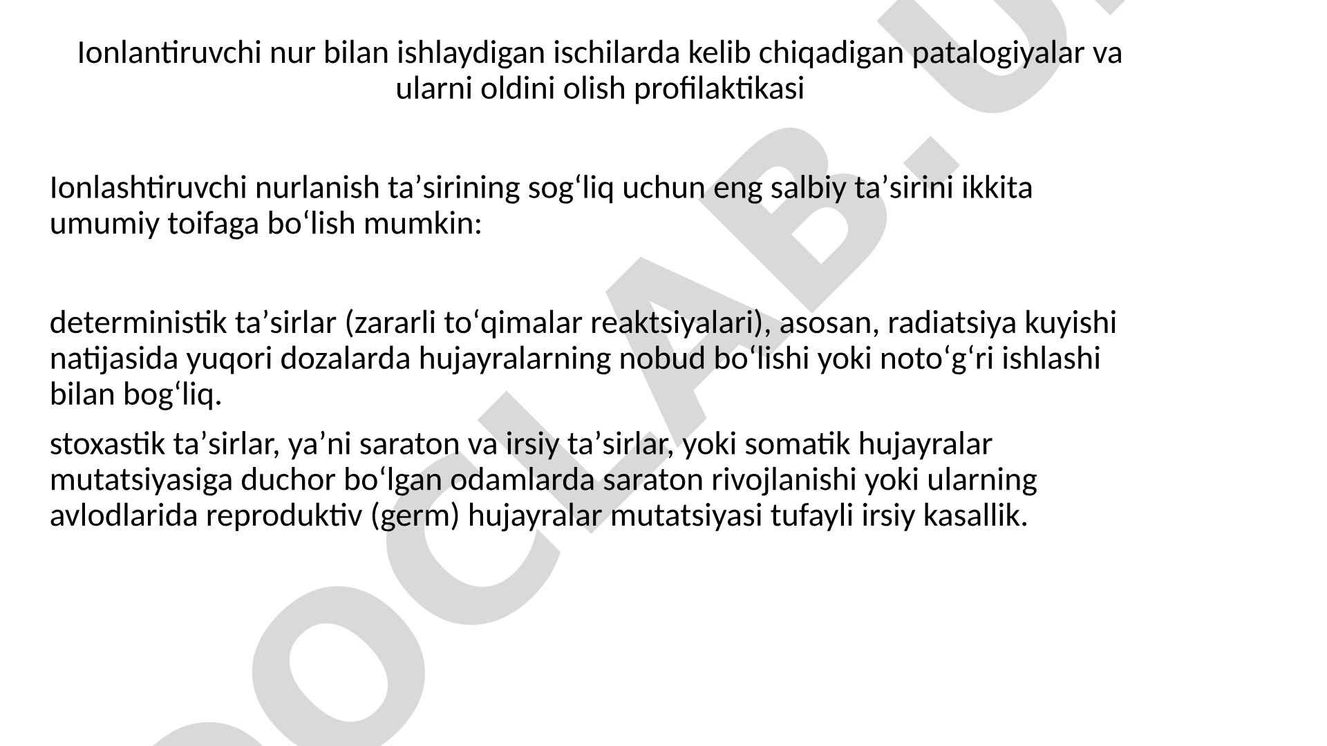 Ionlantiruvchi nurlanish patologiyalari va profilaktikasi