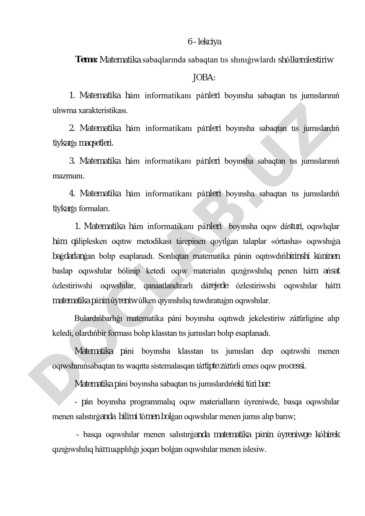 Matematika sabaqlarında sabaqtan tıs shınıǵıwlardı shólkemlestiriw