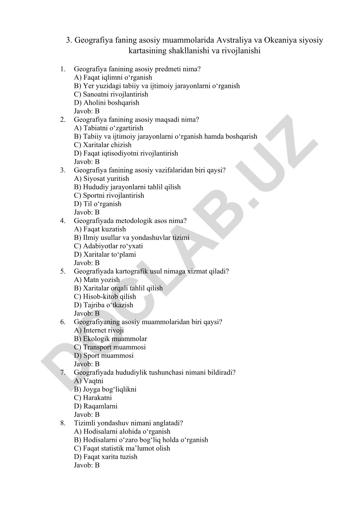 Geografiya fanining asosiy muammolari va Avstraliya-Okeaniya siyosiy kartasi
