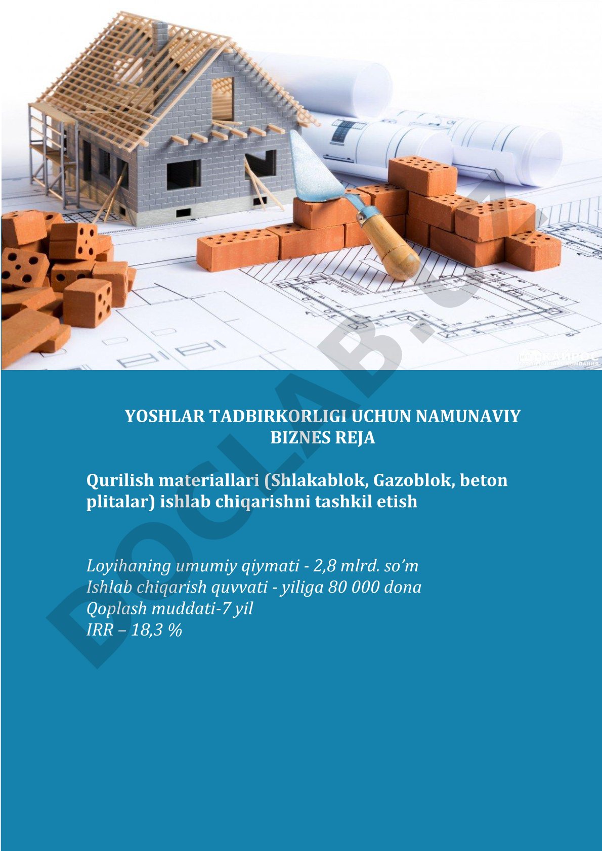 Yoshlar tadbirkorligi uchun namunaviy biznes reja: Qurilish materiallari ishlab chiqarish