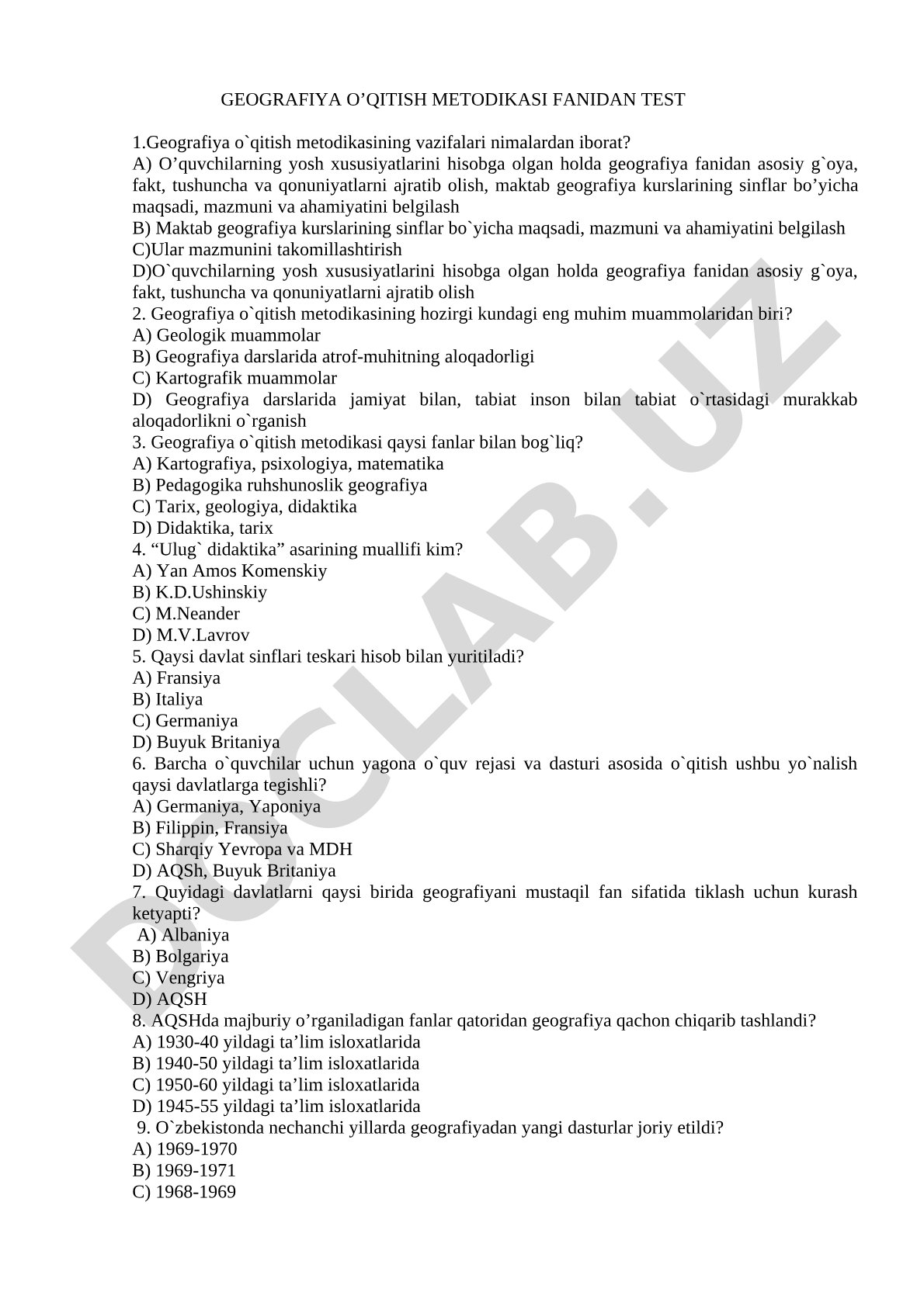 Geografiya o'qitish metodikasi fanidan test