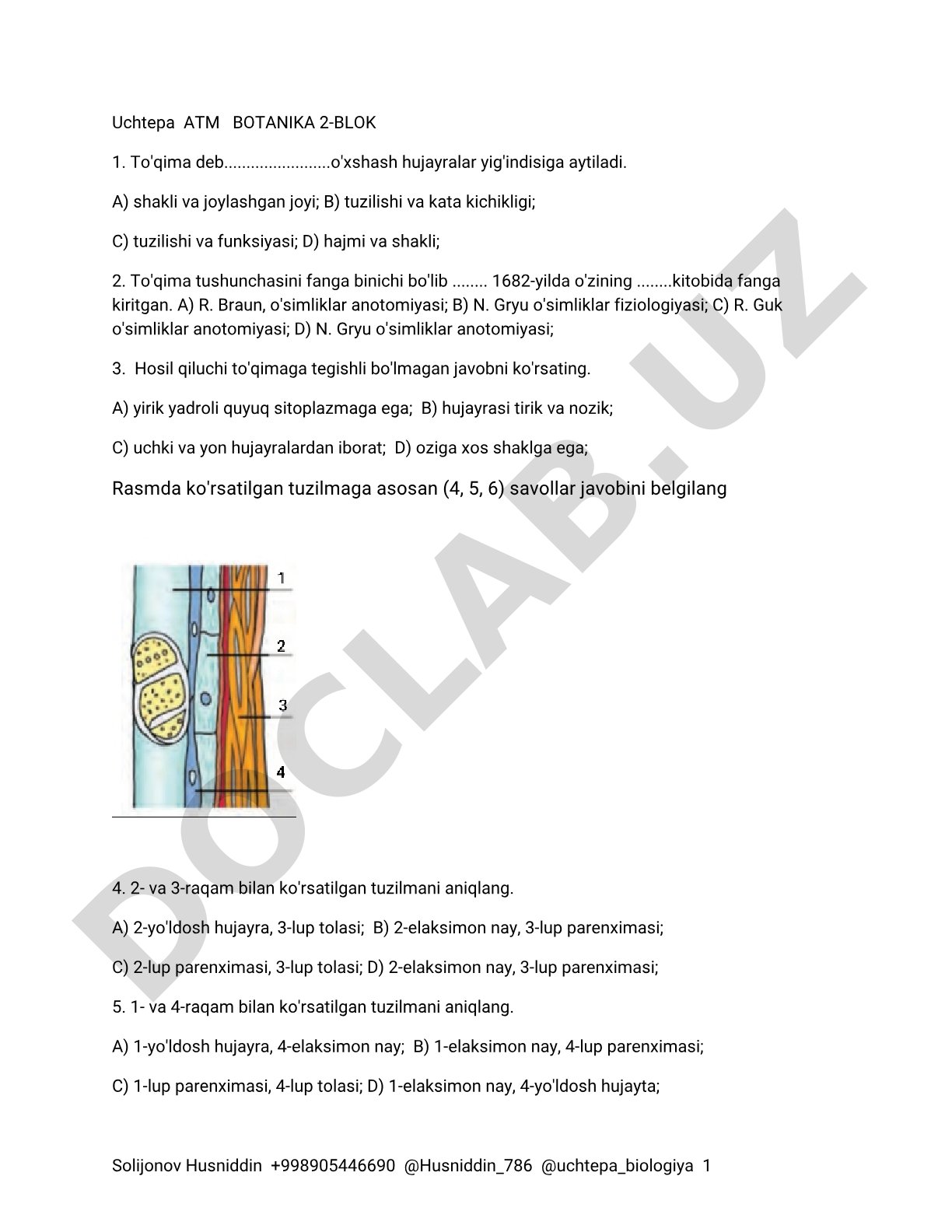 O'simlik to'qimalariga oid test savollari