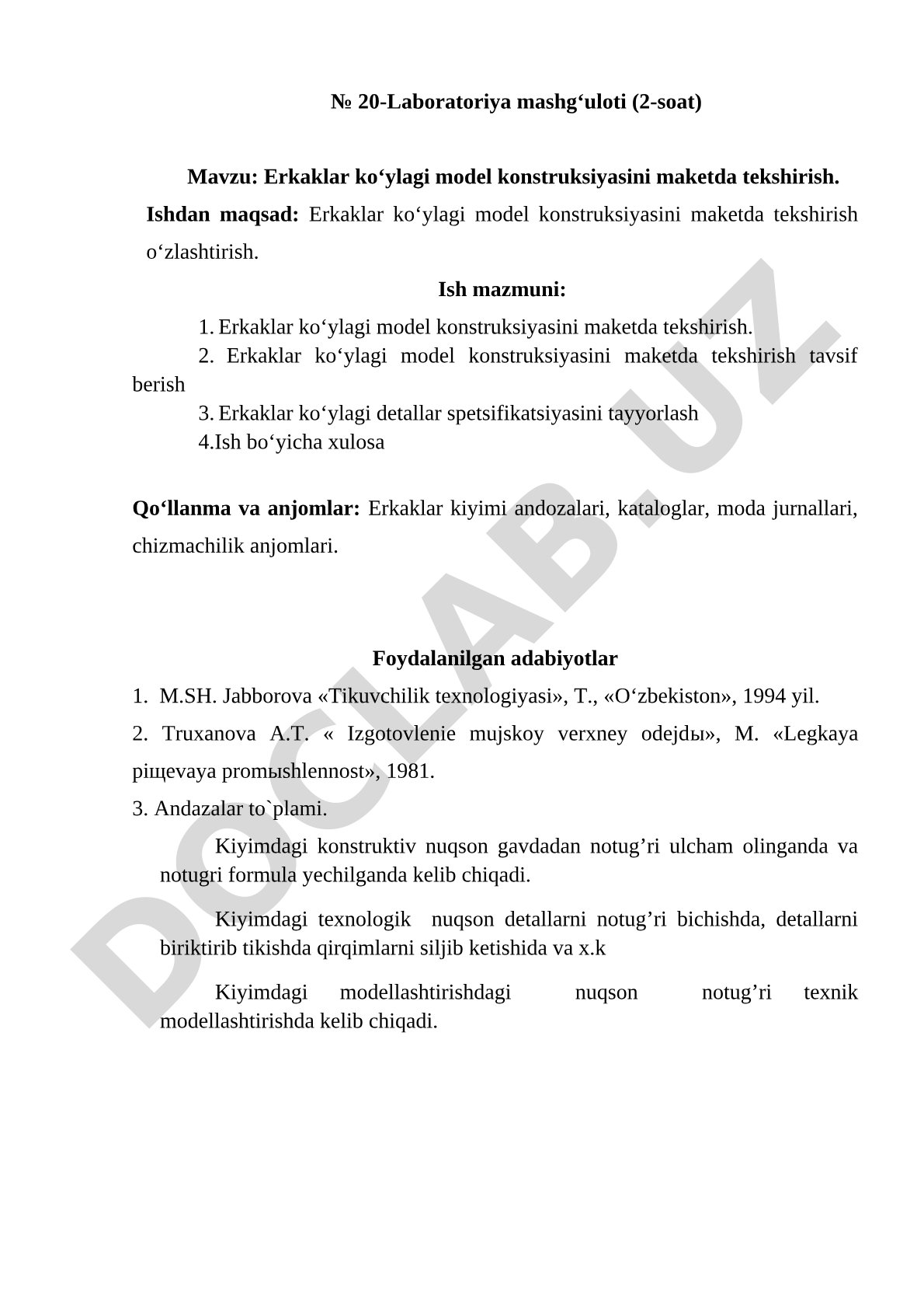 Erkaklar ko'ylagi model konstruksiyasini maketda tekshirish