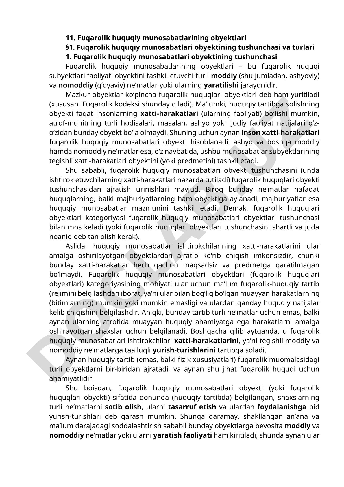 Fuqarolik huquqiy munosabatlari obyektlari tushunchasi va turlari
