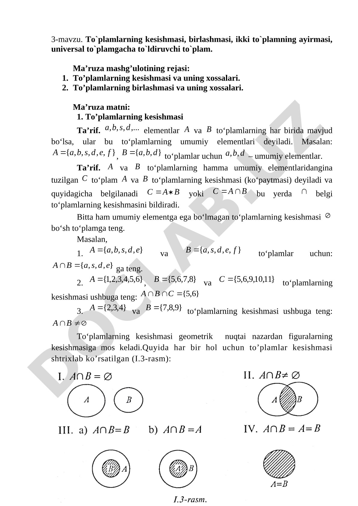 To'plamlar kesishmasi, birlashmasi, ayirmasi va to'ldiruvchisi