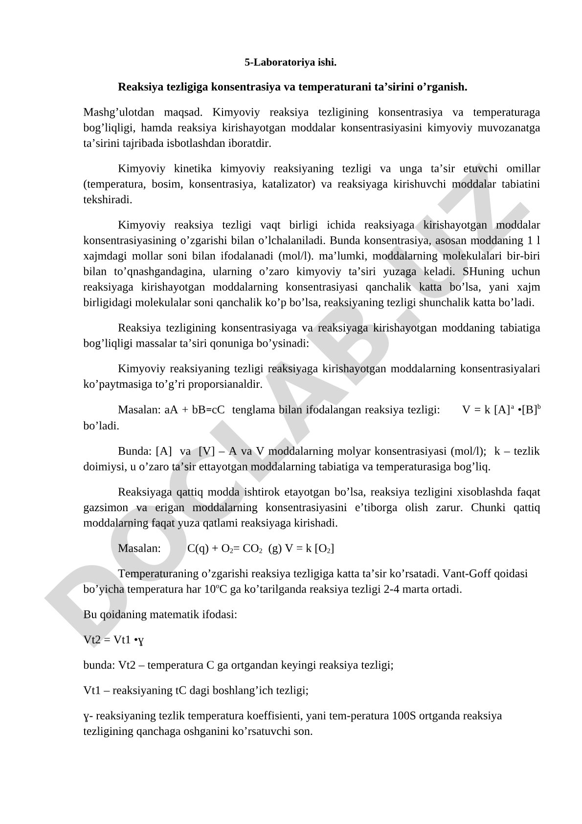 Reaksiya tezligiga konsentrasiya va temperaturani ta’sirini o’rganish
