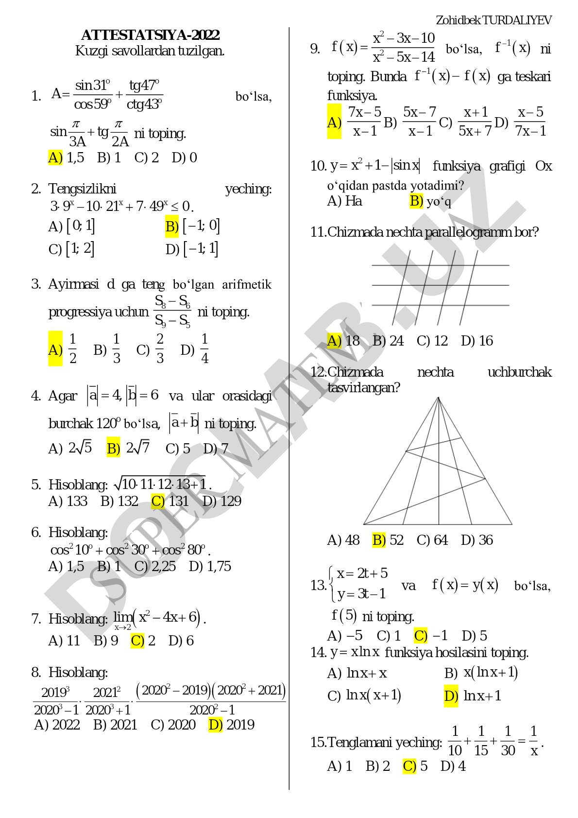 Attestatsiya-2022 matematika kuzgi test savollari