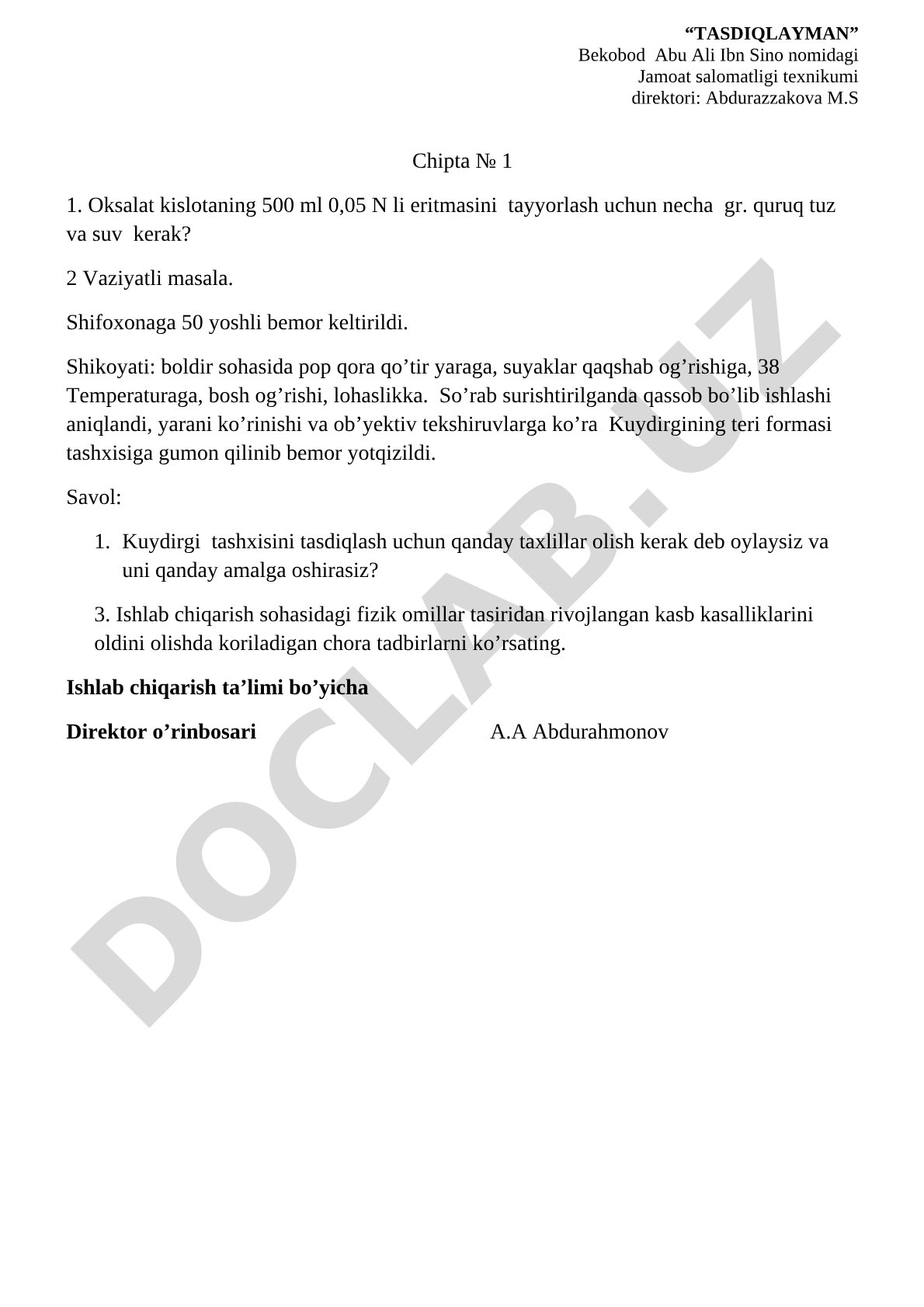 Oksalat kislotasi, kuydirgi, kasb kasalliklari bo'yicha chiptalar