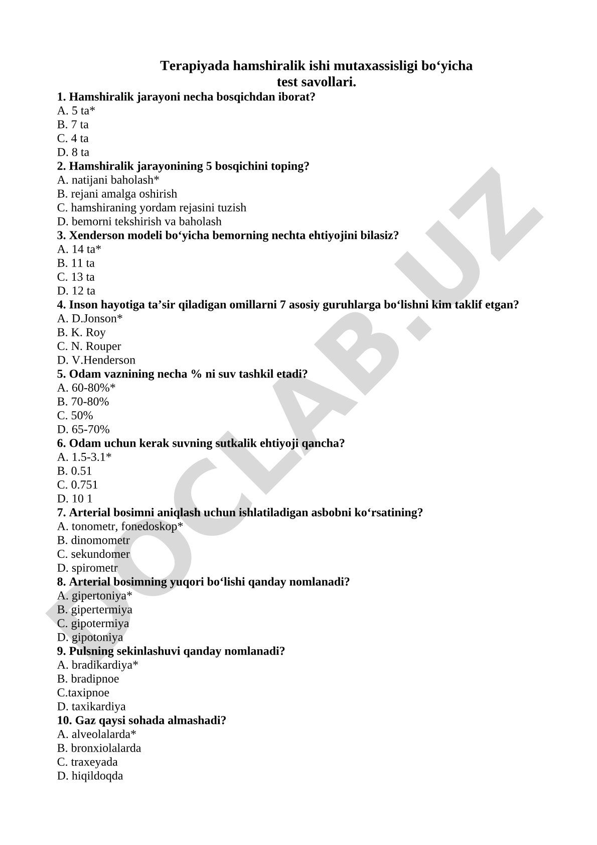 Terapiyada hamshiralik ishi bo'yicha test savollari