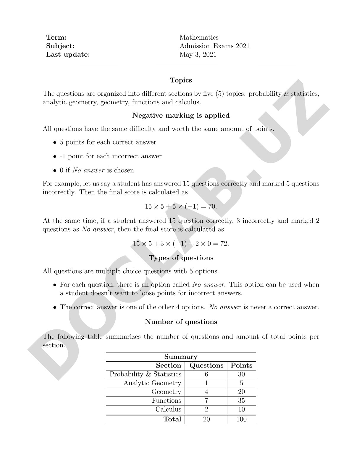 Admission Exams 2021 Mathematics Topics