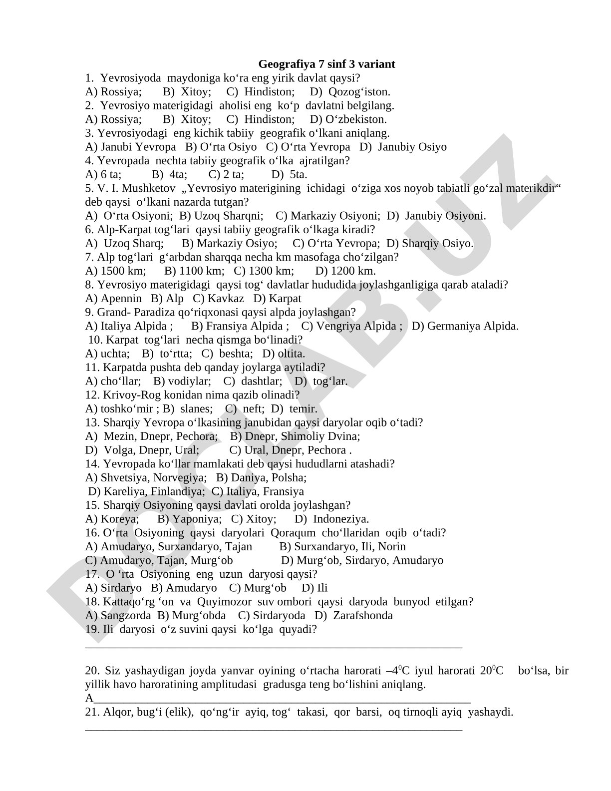 Geografiya 7 sinf 3 variant