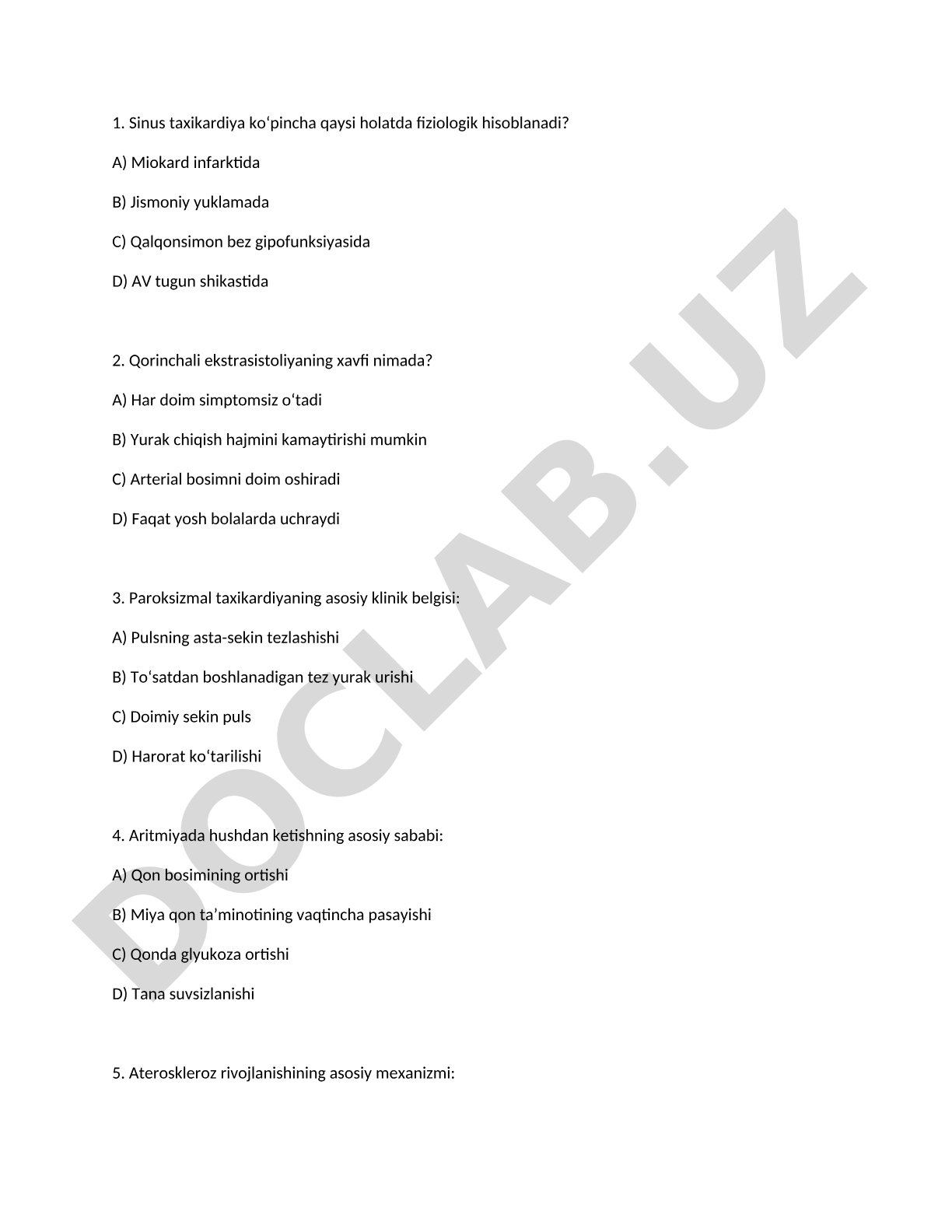 Kardiologiya bo'yicha test savollari