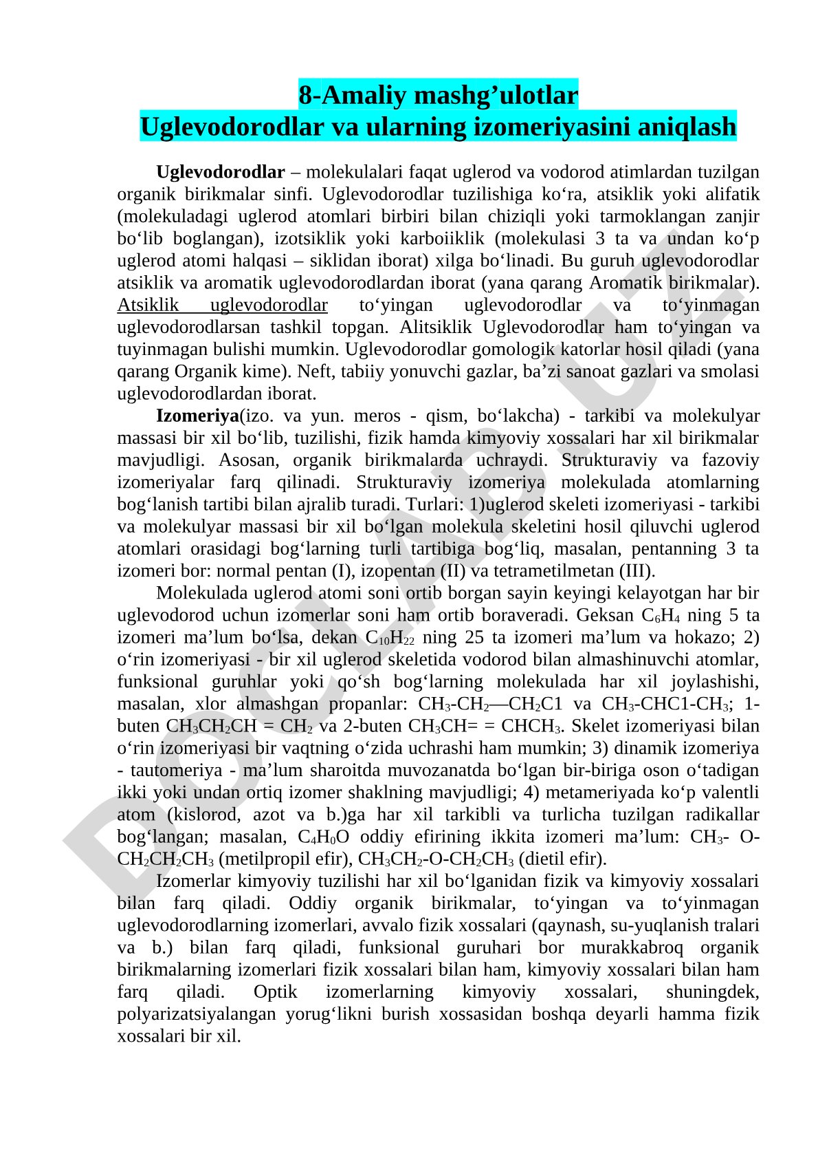 8-Amaliy mashg'ulotlar Uglevodorodlar va ularning izomeriyasini aniqlash