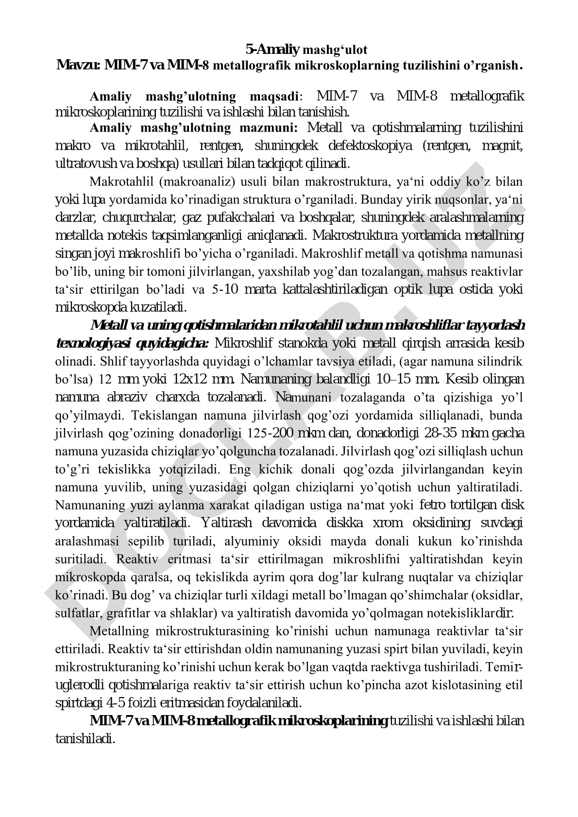 MIM-7 va MIM-8 metallografik mikroskoplarning tuzilishini o'rganish