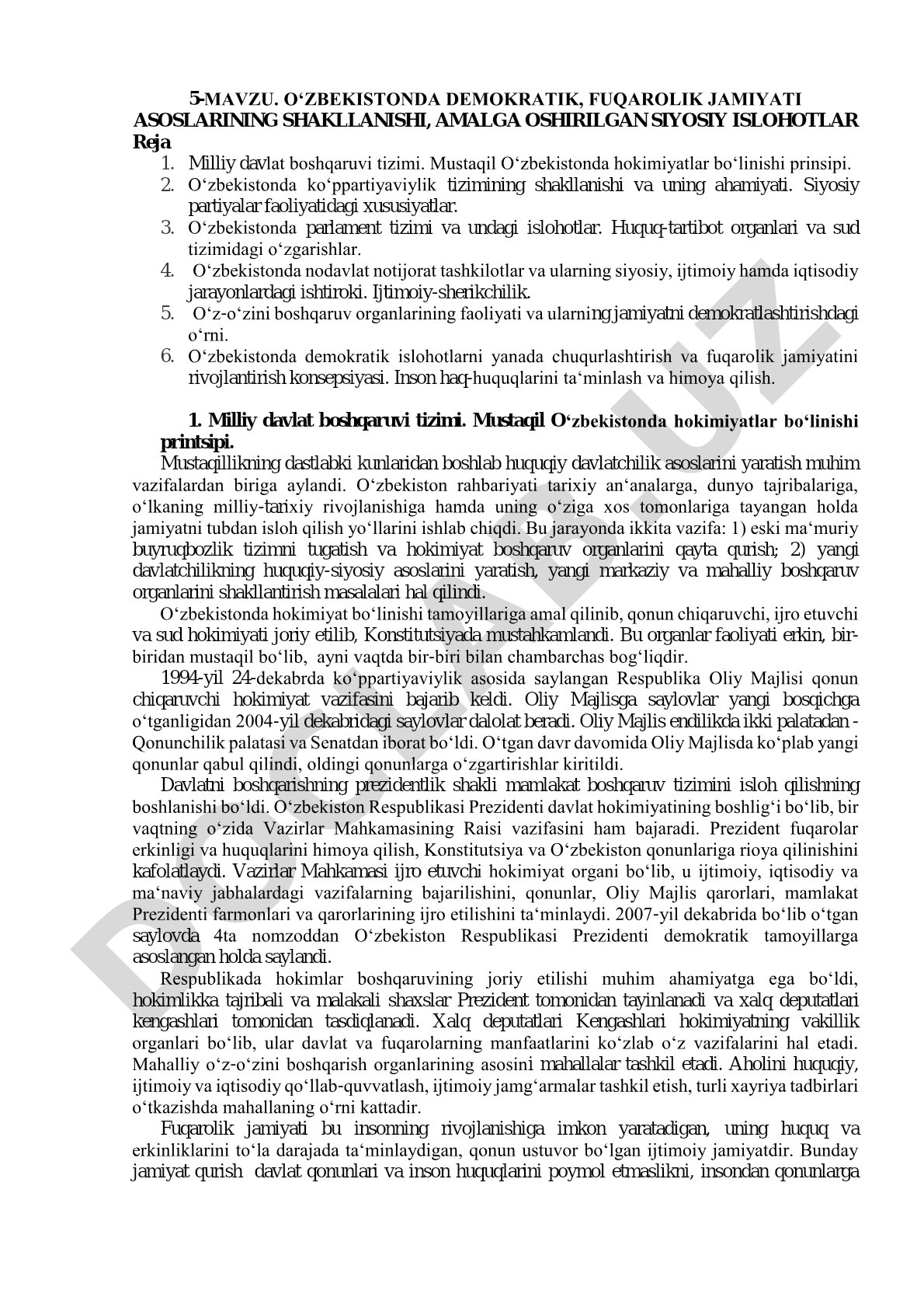 Oʻzbekistonda demokratik, fuqarolik jamiyati asoslarining shakllanishi, amalga oshirilgan siyosiy islohotlar