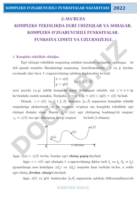 Kompleks tekislikda egri chiziqlar va sohalar
