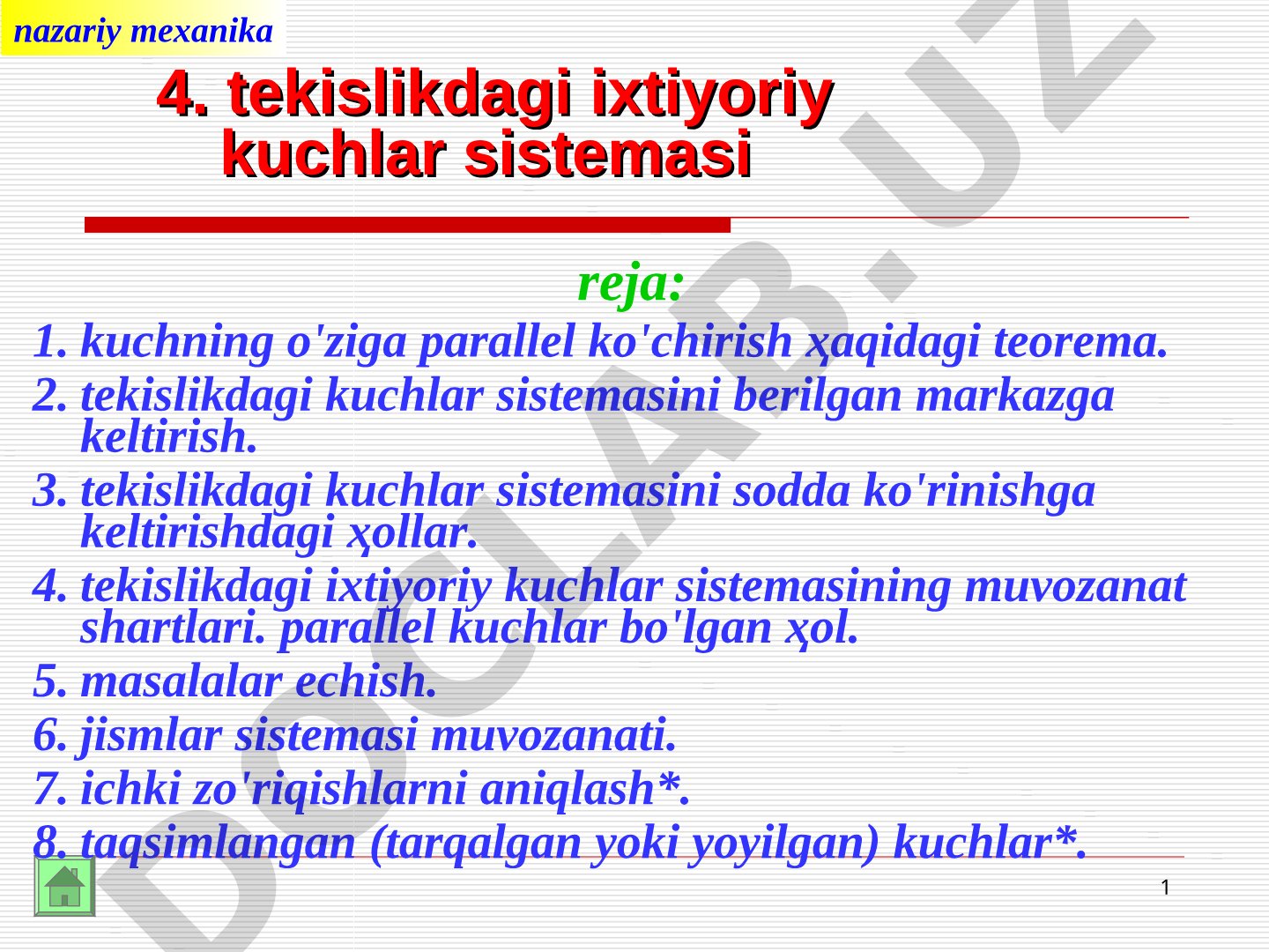 Nazariy mexanika 4. Tekislikdagi ixtiyoriy kuchlar sistemasi