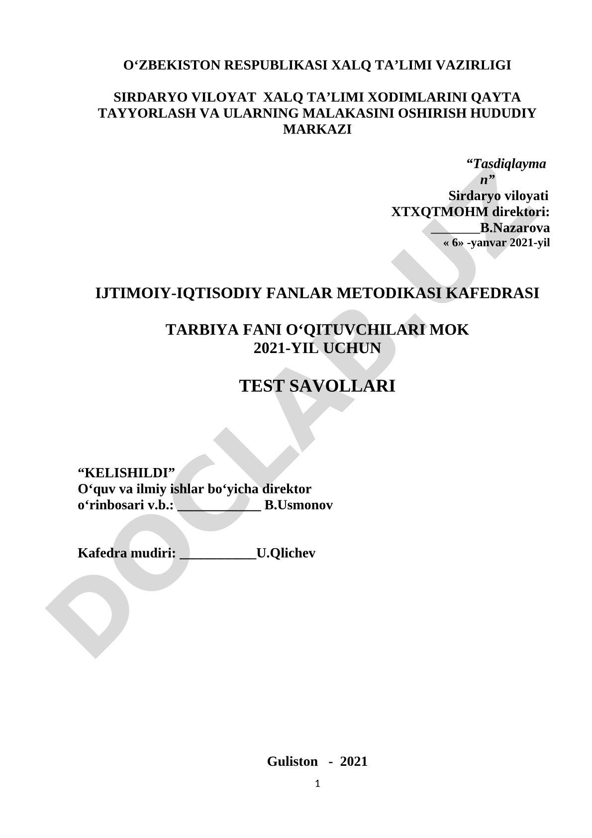 Tarbiya fani o‘qituvchilari MOK 2021-yil uchun test savollari