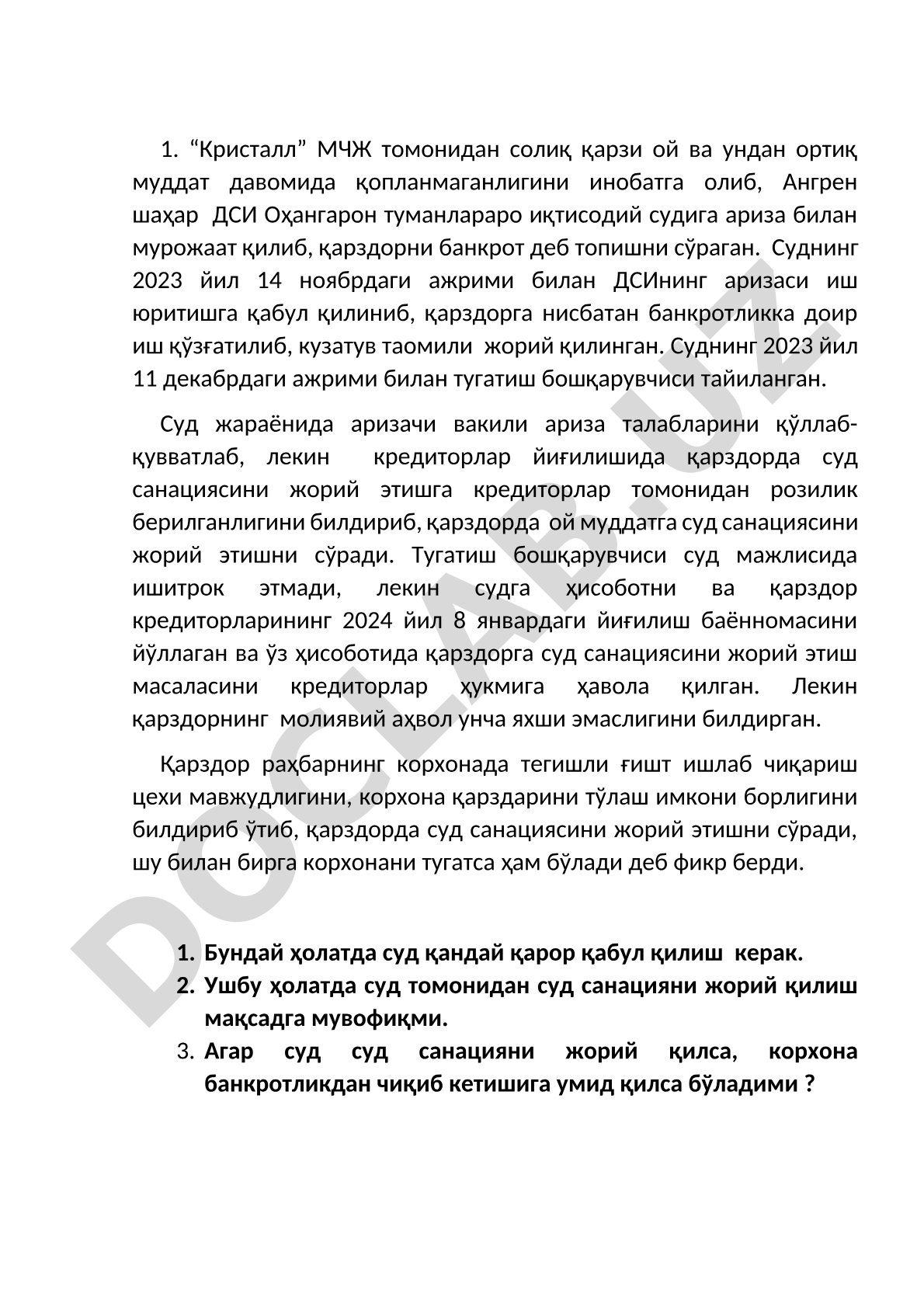 Кристалл МЧЖнинг банкротлик иши ва суд санациясини жорий этиш