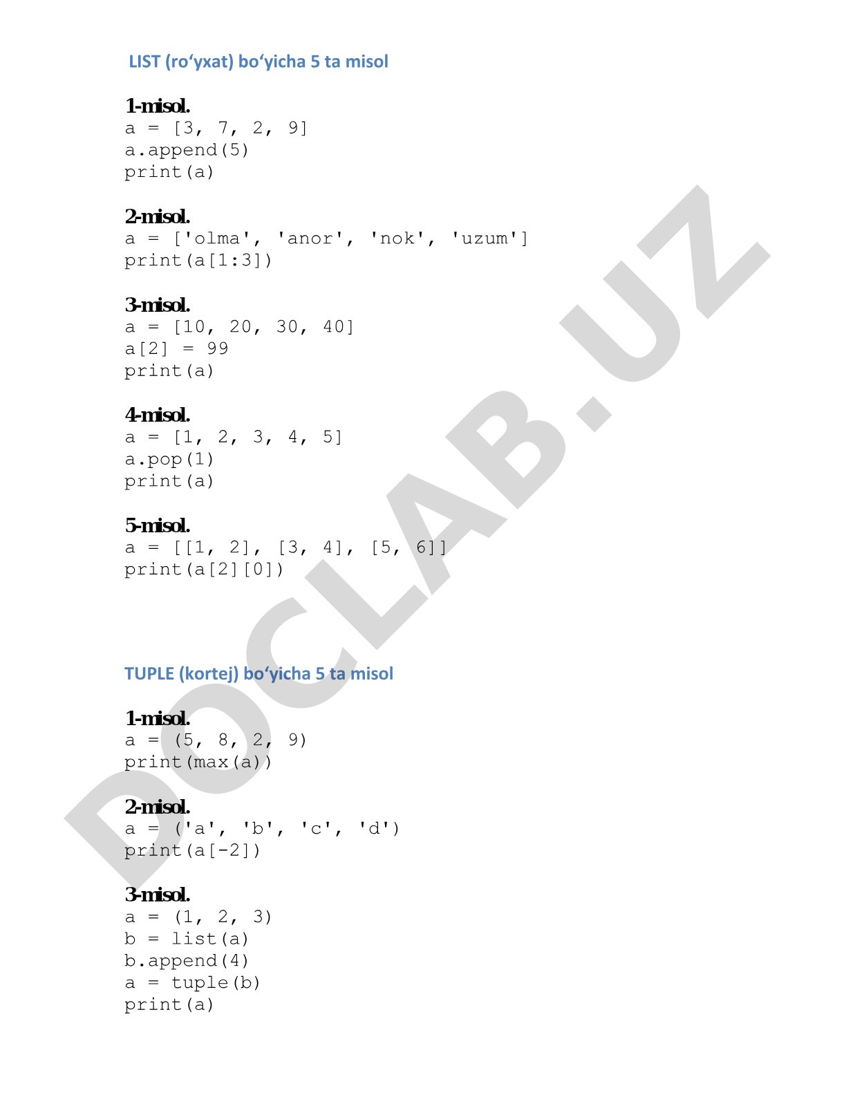 Python dasturlash: LIST, TUPLE, SET, DICTIONARY va modullar misollari
