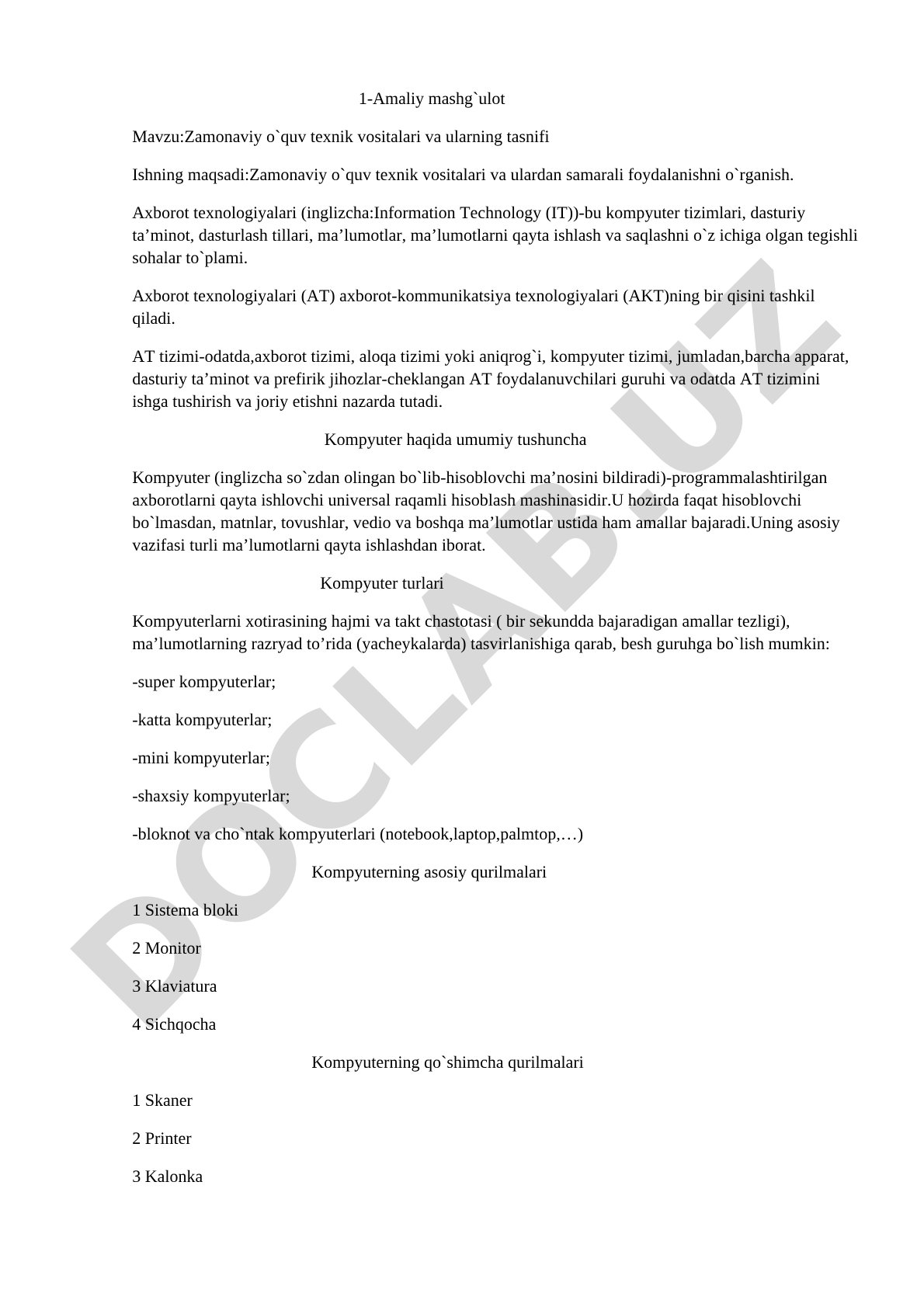 Zamonaviy o`quv texnik vositalari va ularning tasnifi Ishning maqsadi:Zamonaviy o`quv texnik vosital