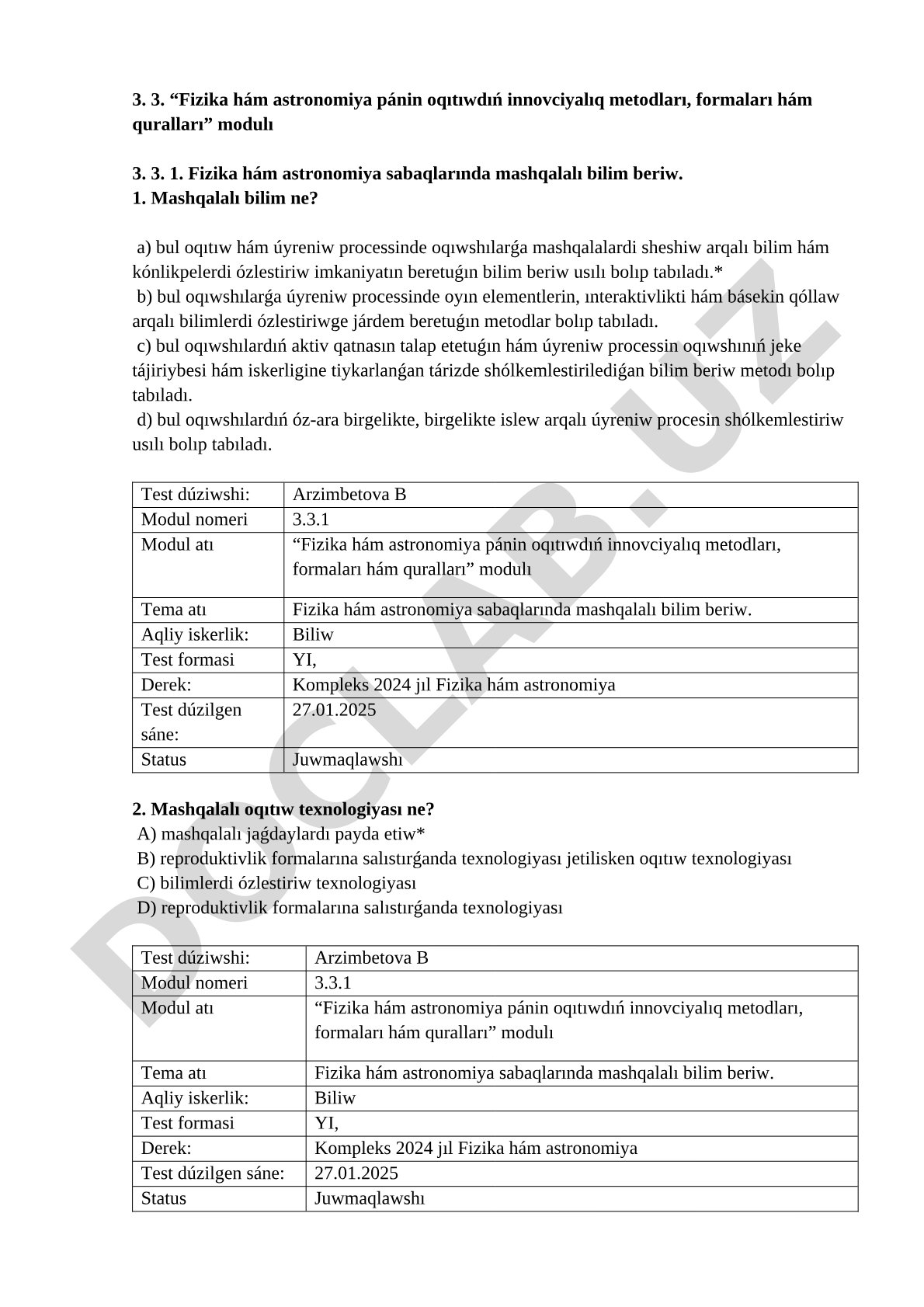 Fizika hám astronomiya sabaqlarında mashqalalı bilim beriw