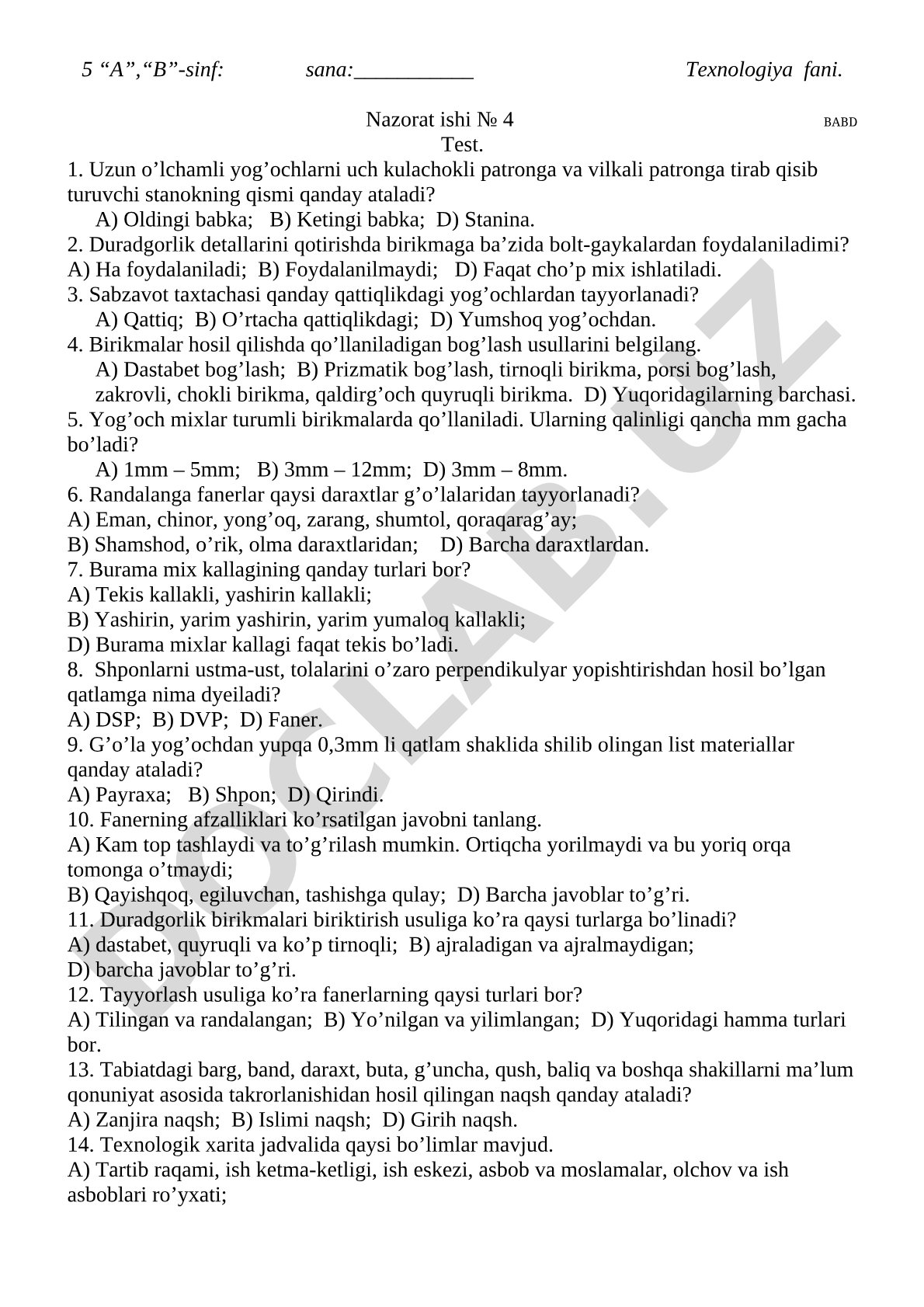 Texnologiya fanidan 4-nazorat ishi test