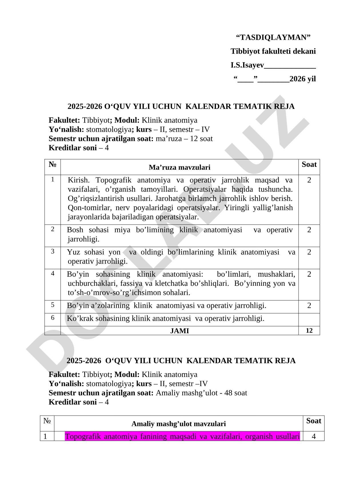 Klinik anatomiya kalendar tematik reja