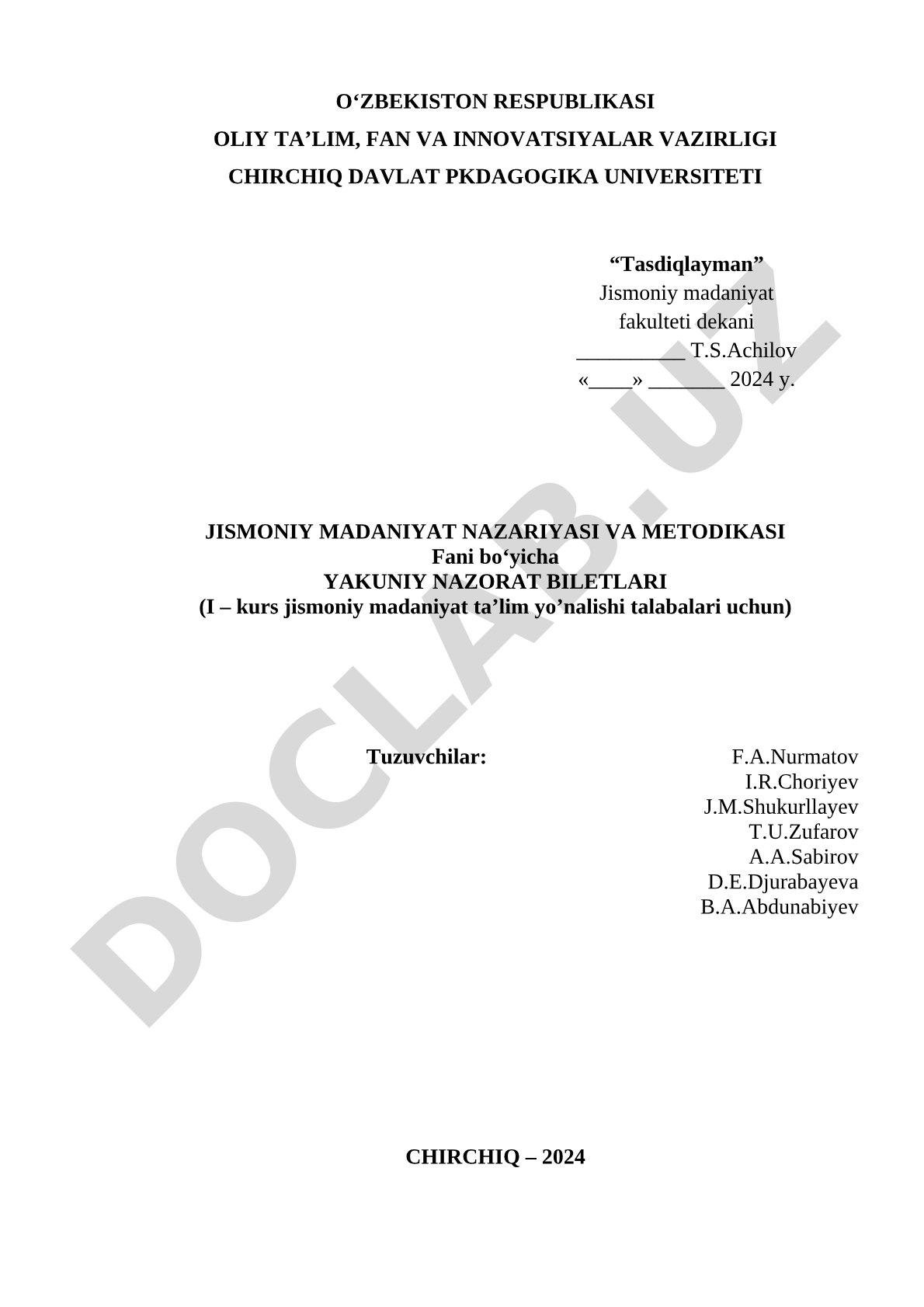 Jismoniy madaniyat nazariyasi va metodikasi yakuniy nazorat biletlari