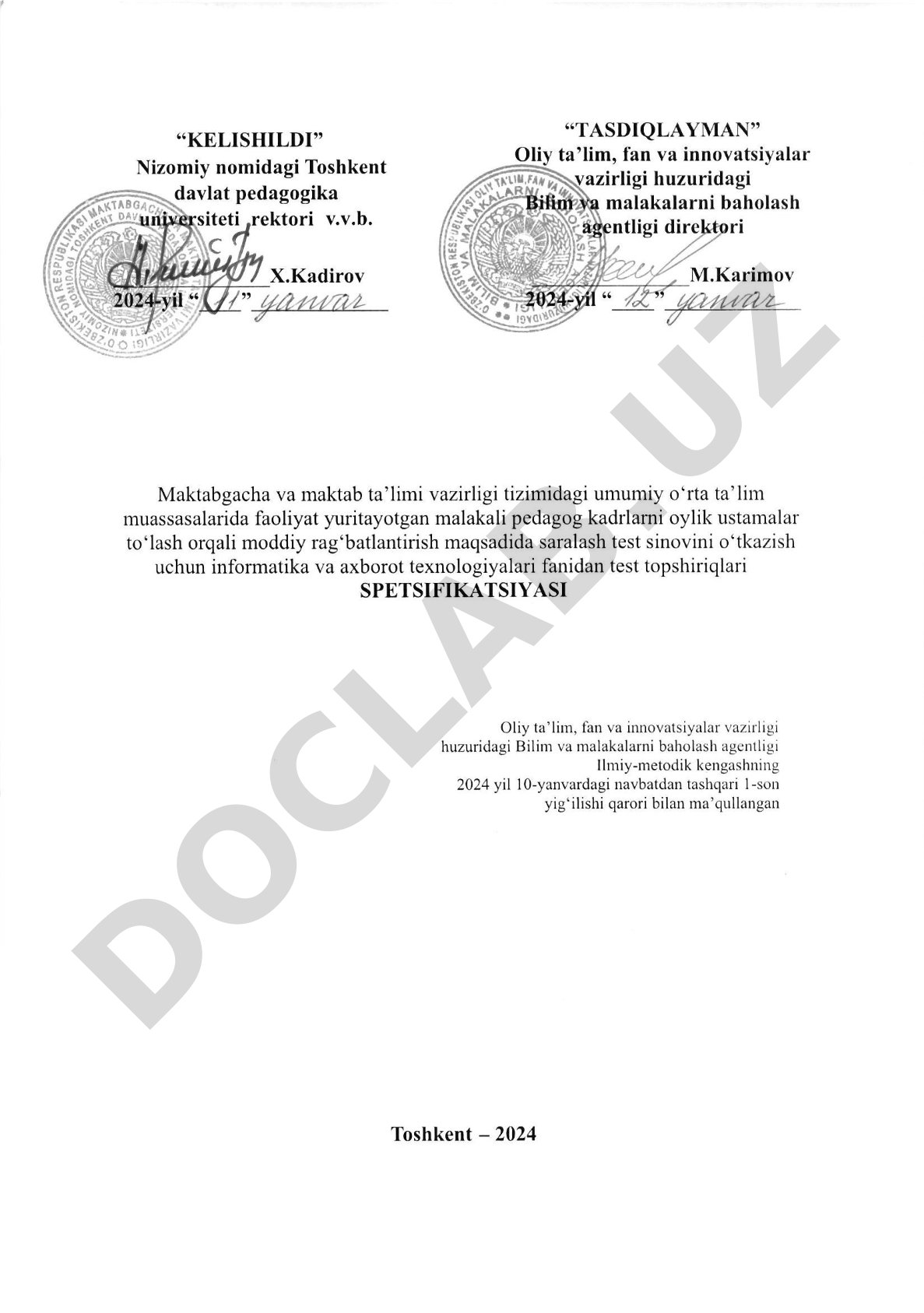 Informatika va axborot texnologiyalari fanidan test topshiriqlari spetsifikatsiyasi