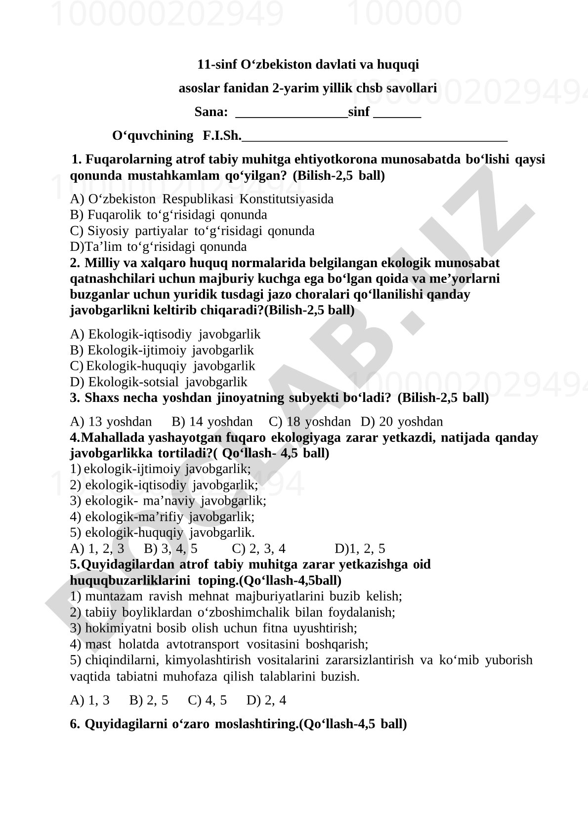 O‘zbekiston davlati va huquqi asoslari fanidan CHSB savollari