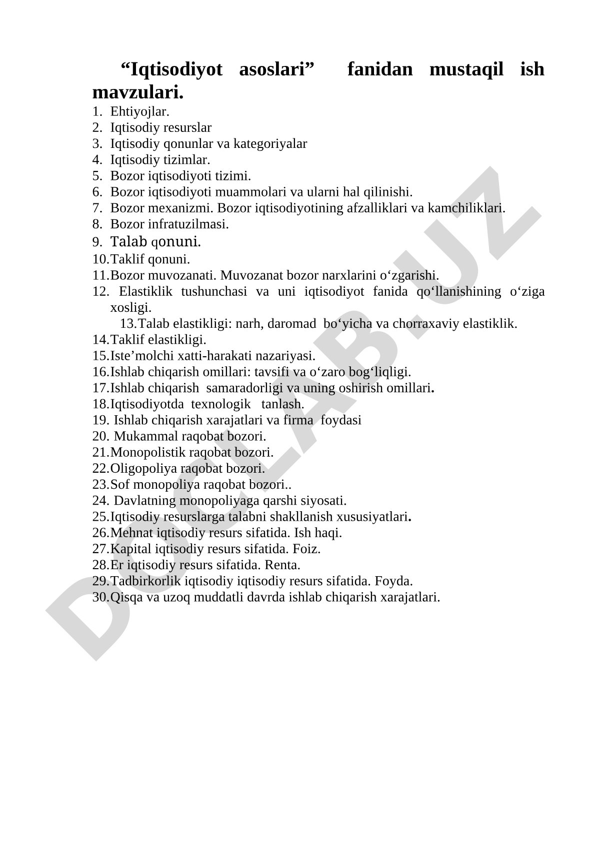 “Iqtisodiyot asoslari” fanidan mustaqil ish mavzulari